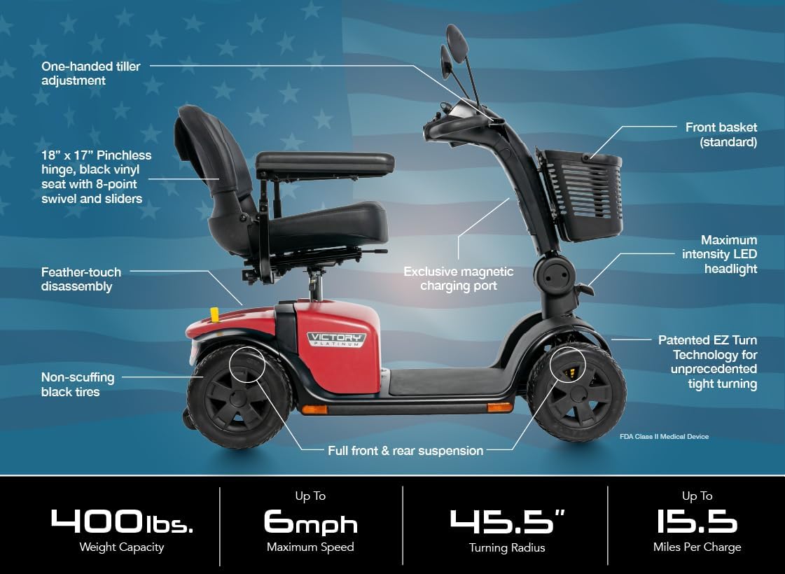 Pride Victory Platinum 4 Wheel Mobility Scooter + Rear Storage Pod, Phone Holder, Rear Basket, 400 Lbs Capacity, 18" or 20" Wide Seat, 15.5 Mile Range, Ext Warranty (Cardinal Red, 20" Wide Seat)
