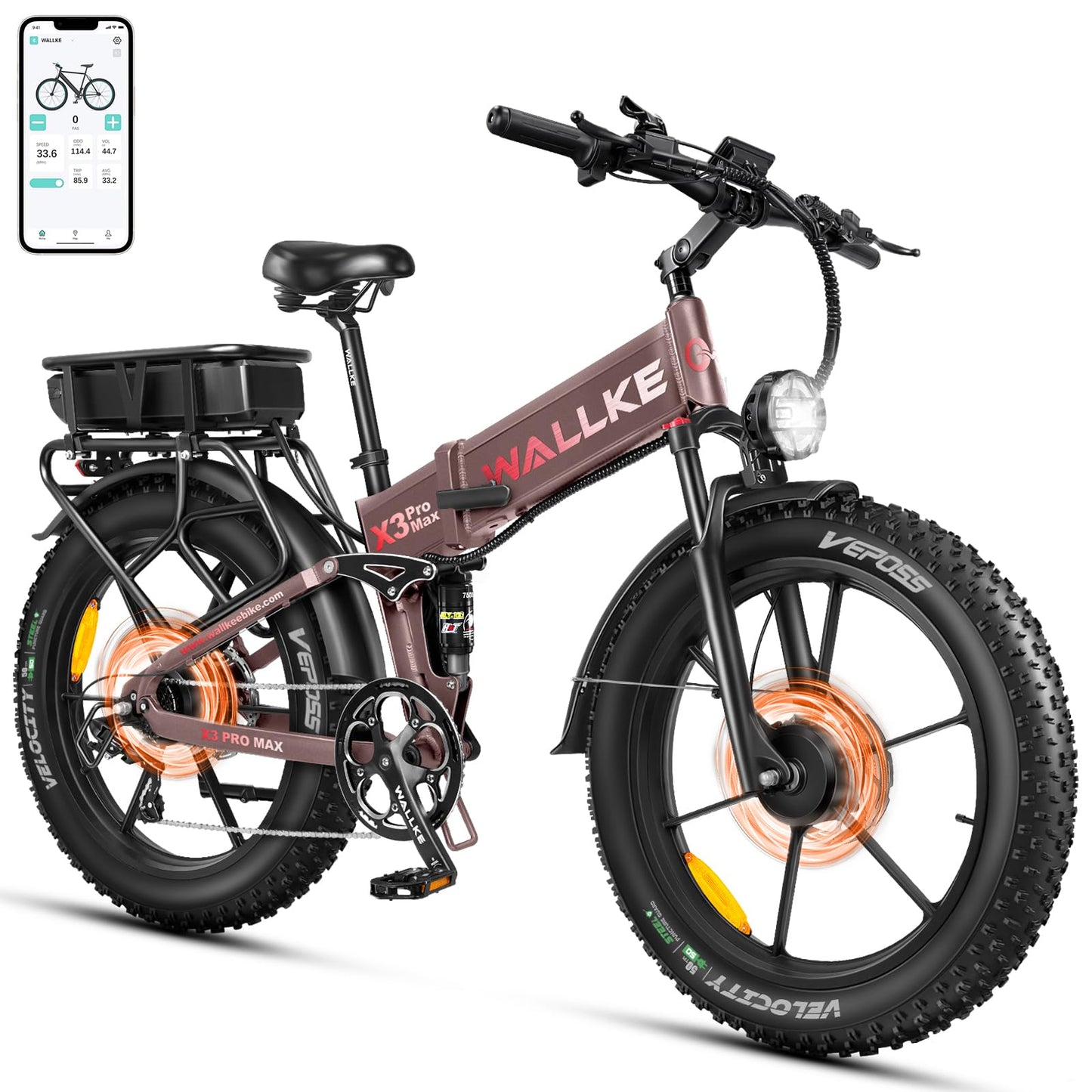 W Wallke Dual Motor 2800W Folding Mountain Electric Bike, 48V 44Ah/22Ah Battery Long Range E-Bike, 26" x 4" Fat Tire 31-35MPH Fast Adult Ebike, Full Suspension All Terrain Off Road Snow Beach, UL2849