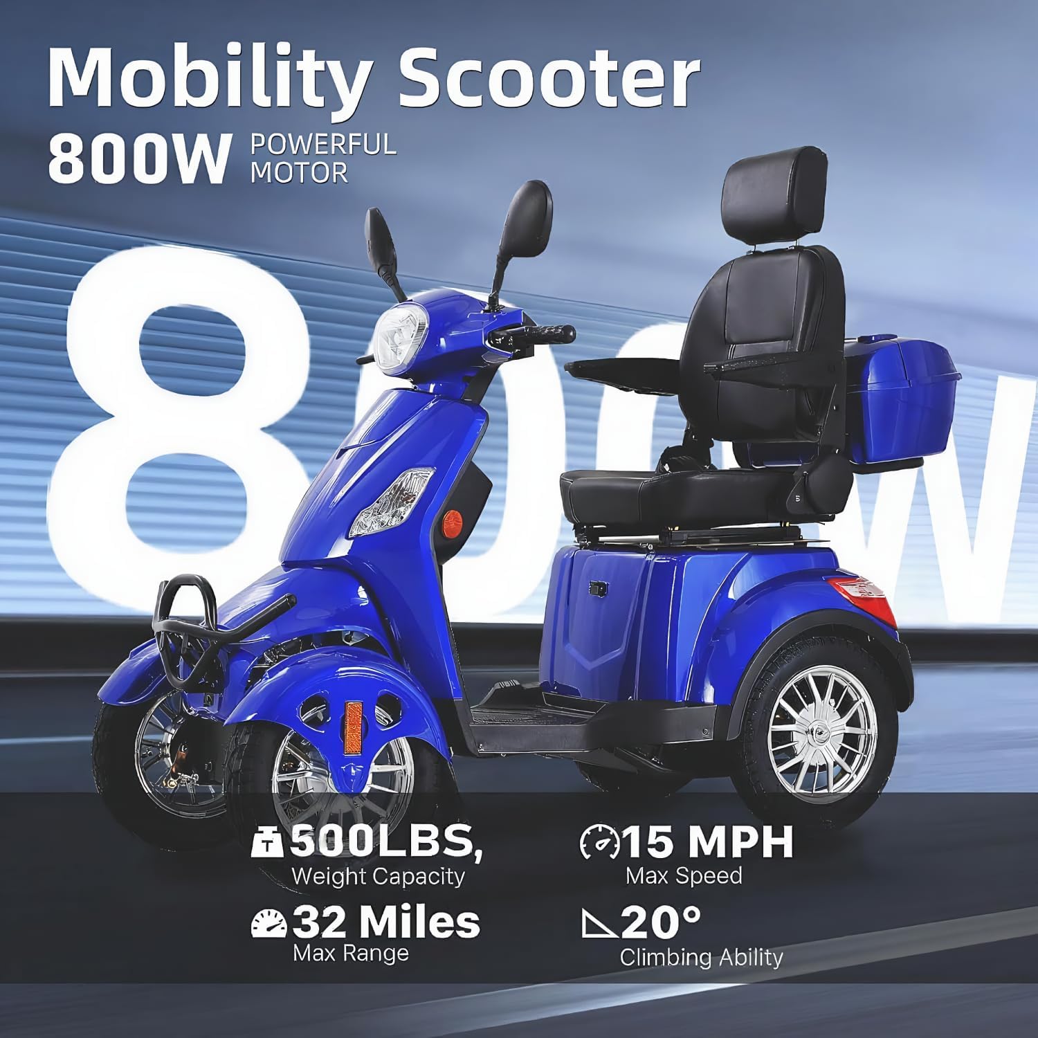 Mobility Scooters for Seniors & Adults 500lbs Capacity - 800W All Terrain Electric Powered Mobility Cart - Heavy Duty Mobility Scooter for Elderly w/Charger Remote Keys (Blue)