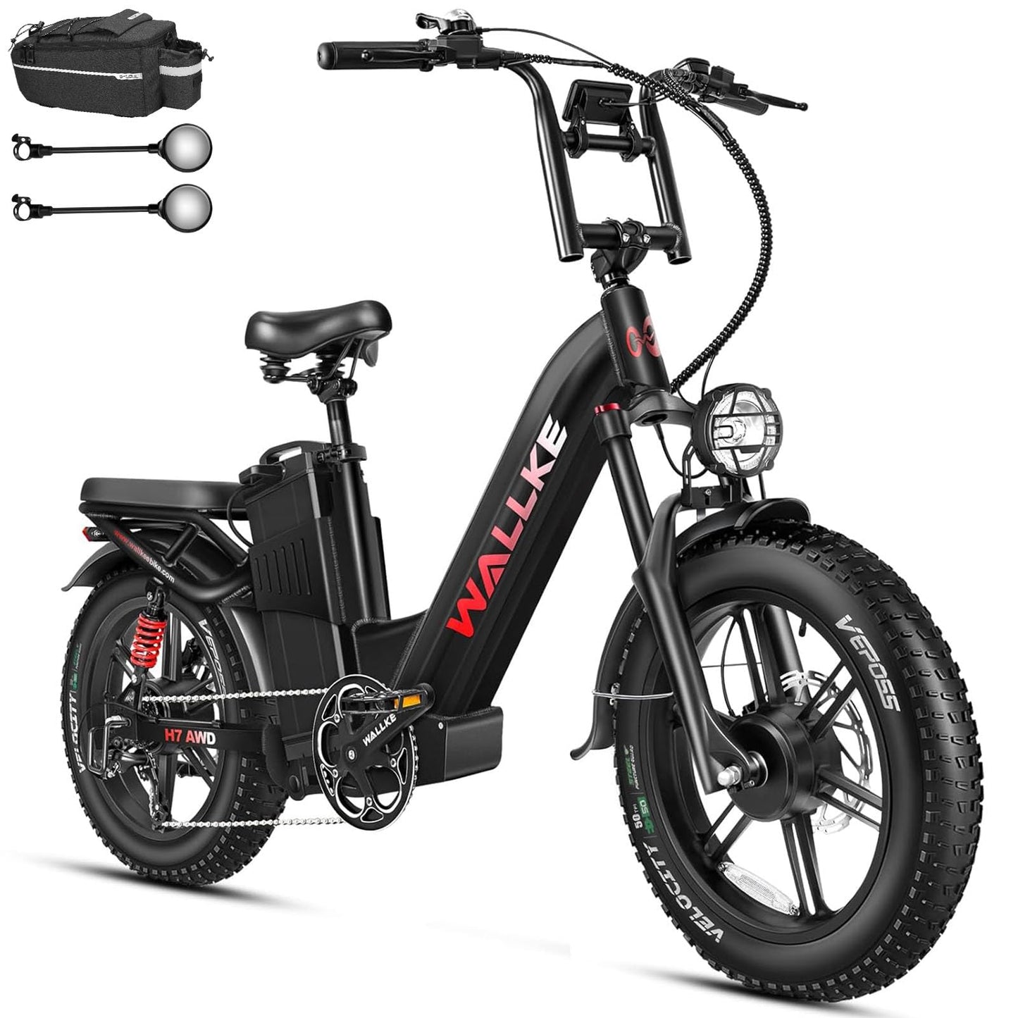 W Wallke H7 AWD Dual Motor Electric Bike for Adult, 48V 60Ah Battery Cell Sam-Sung, Long Range 31-35MPH Fast Ebike, UL2849 Certified, 20" Fat Tire Mountain Offroad All Terrain Full Suspension E-Bike