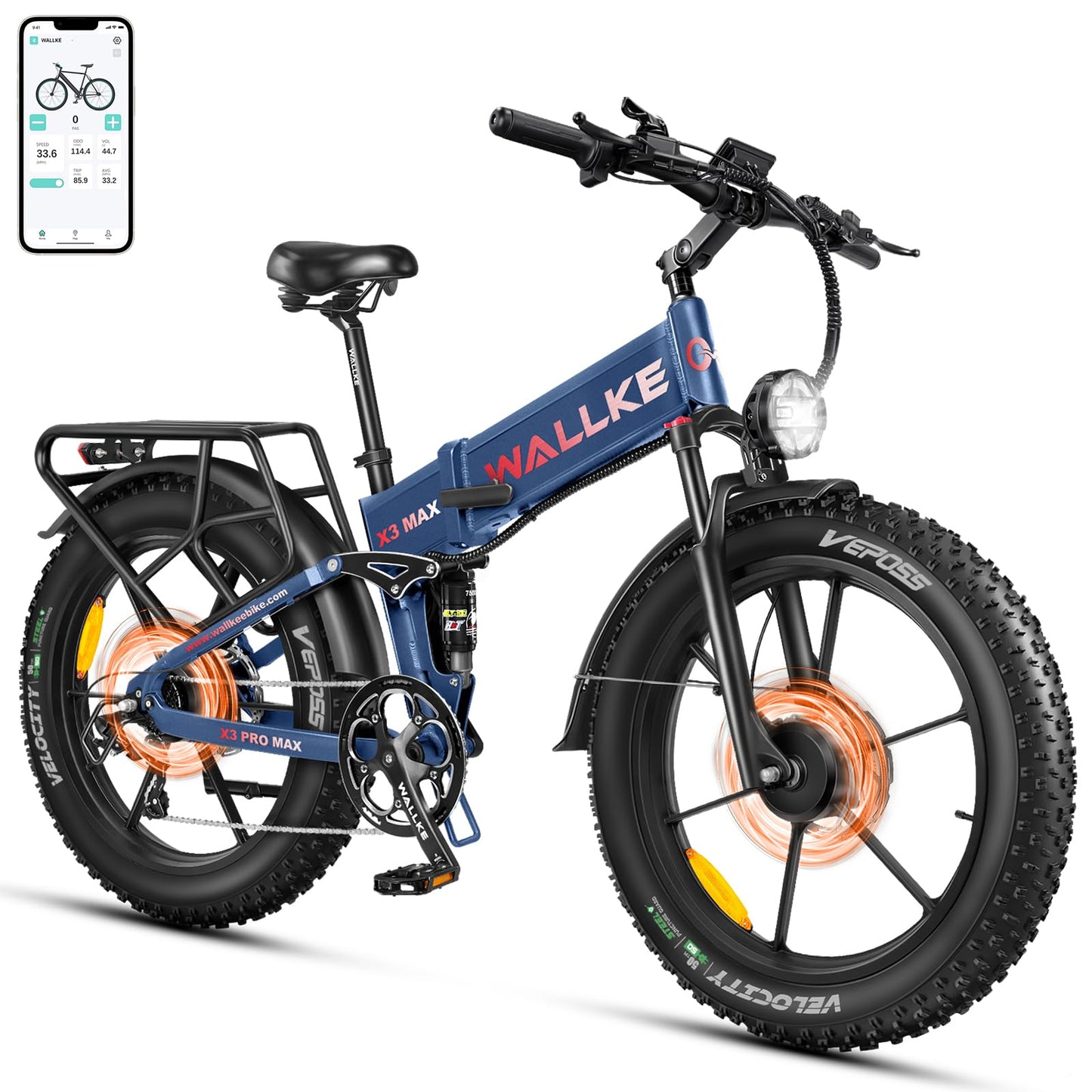 W Wallke Dual Motor 2800W Folding Mountain Electric Bike, 48V 44Ah/22Ah Battery Long Range E-Bike, 26" x 4" Fat Tire 31-35MPH Fast Adult Ebike, Full Suspension All Terrain Off Road Snow Beach, UL2849