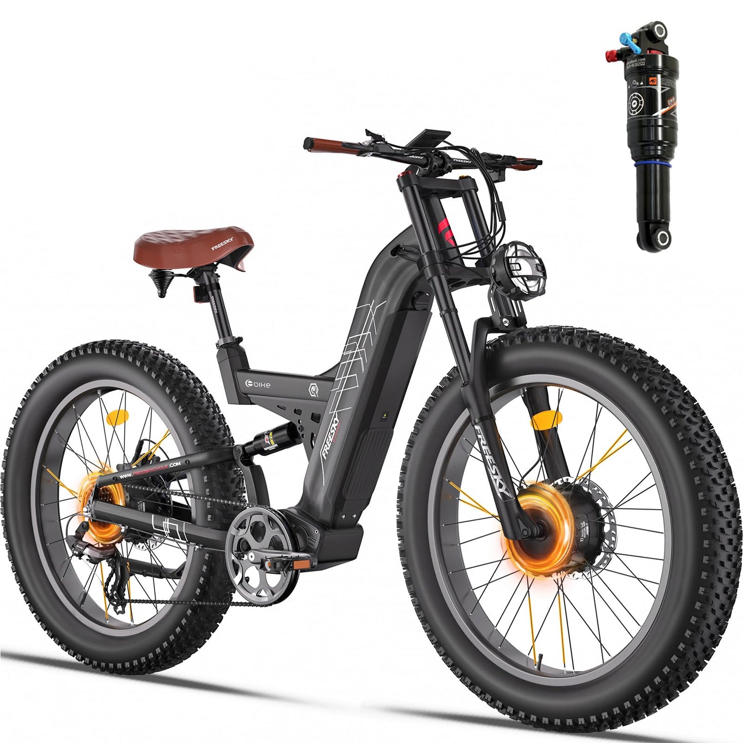 FREESKY Dual Motor Ebike 38+MPH 48V 30AH 2025 Upgraded AWD Peak 4000W Electric Mountain Bike for Adults 26" Fat Tire Long Range Full Suspension Off-Road with Dual Hydraulic Disc Brake Warrior PRO