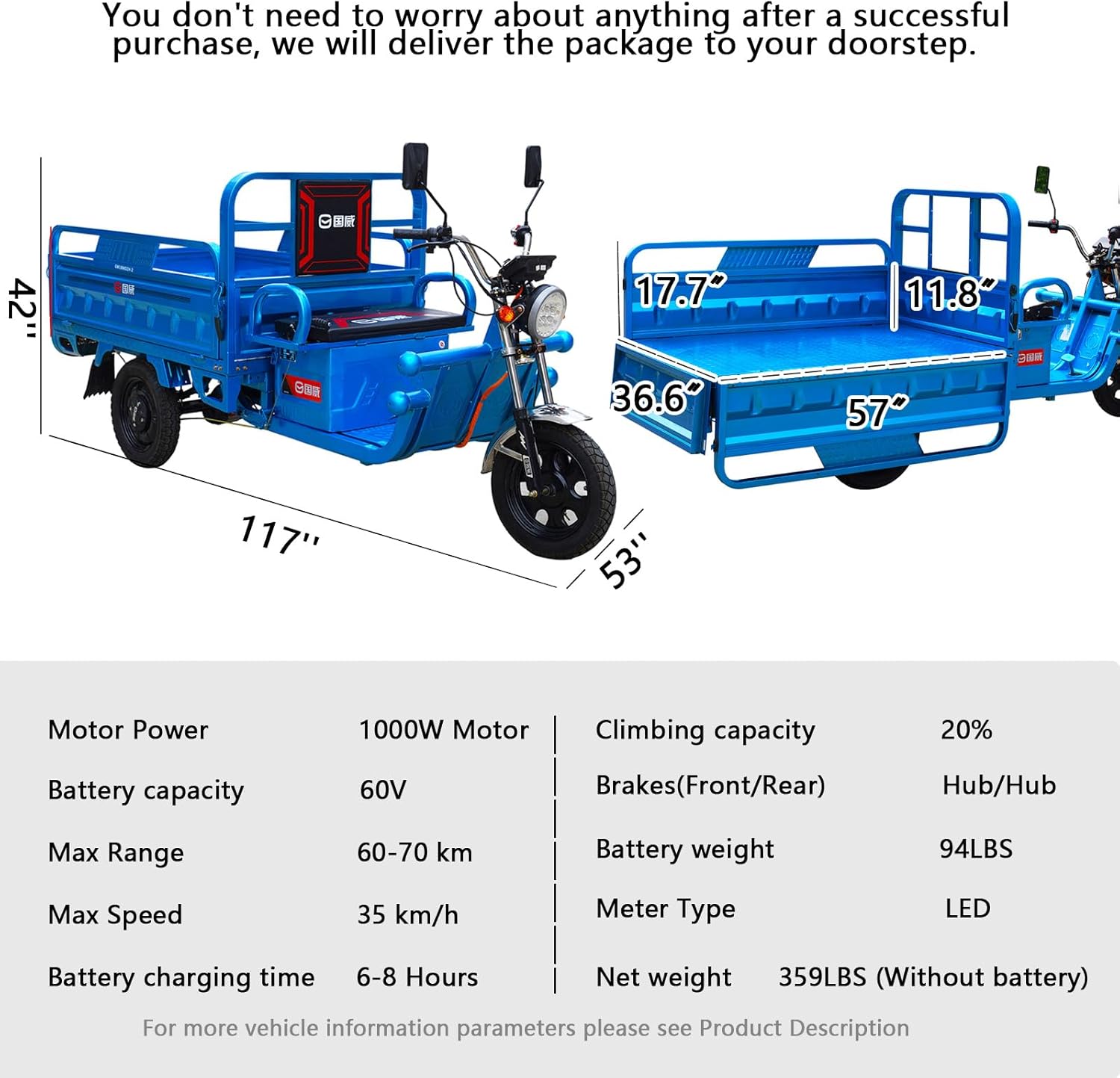 ASHOMELI 60-70Km 1000W Electric Cargo Tricycle Truck Simple Tricycle,60V 45Ah Large Capacity Battery,Load Capacity 1100Lbs