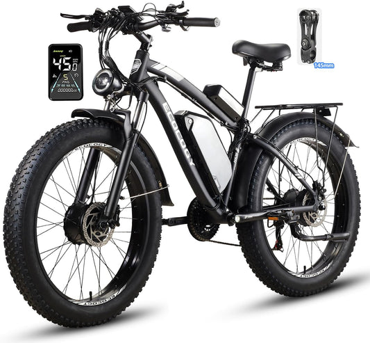 Dual Motor Electric Bikes for Adults, 5000W Peak Ebikes, 52V 32Ah, Max 40-45MPH &100 Miles E-Bike, Hydraulic Disc Brake , 26" Fat Tire Off Road Snow Mountain E-bikes, 7-Speed Pedal Assist Bicycle