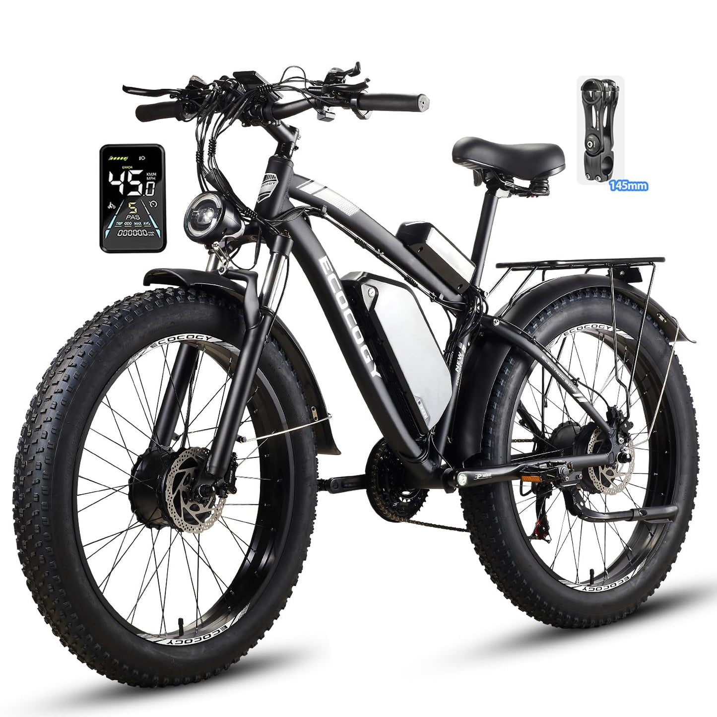 Dual Motor Electric Bikes for Adults, 5000W Peak Ebikes, 52V 32Ah, Max 40-45MPH &100 Miles E-Bike, Hydraulic Disc Brake , 26" Fat Tire Off Road Snow Mountain E-bikes, 7-Speed Pedal Assist Bicycle