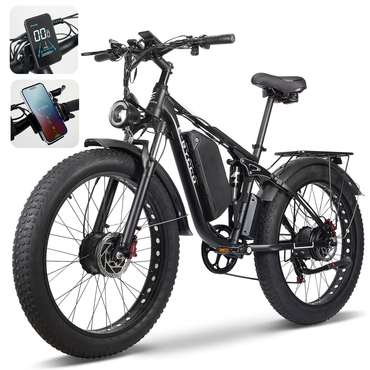 E·Bycco 26in Peak 5000W E-Bike, 52V 32AH Dual Motor Electric Bike 40-45MPH Fast 4000W Ebike with 26"*4.0 Fat Tire Hydraulic Disc Brake Full Suspension Mountain Ebikes