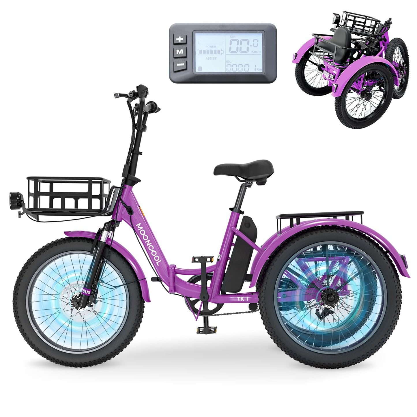 MOONCOOL Electric Trike, Electric Tricycle for Adults, 20" Folding 3 Wheels Electric Bicycle Bikes, 48V 500W/750W Motorized Ebike, Aluminum Frame, Removable Battery Basket