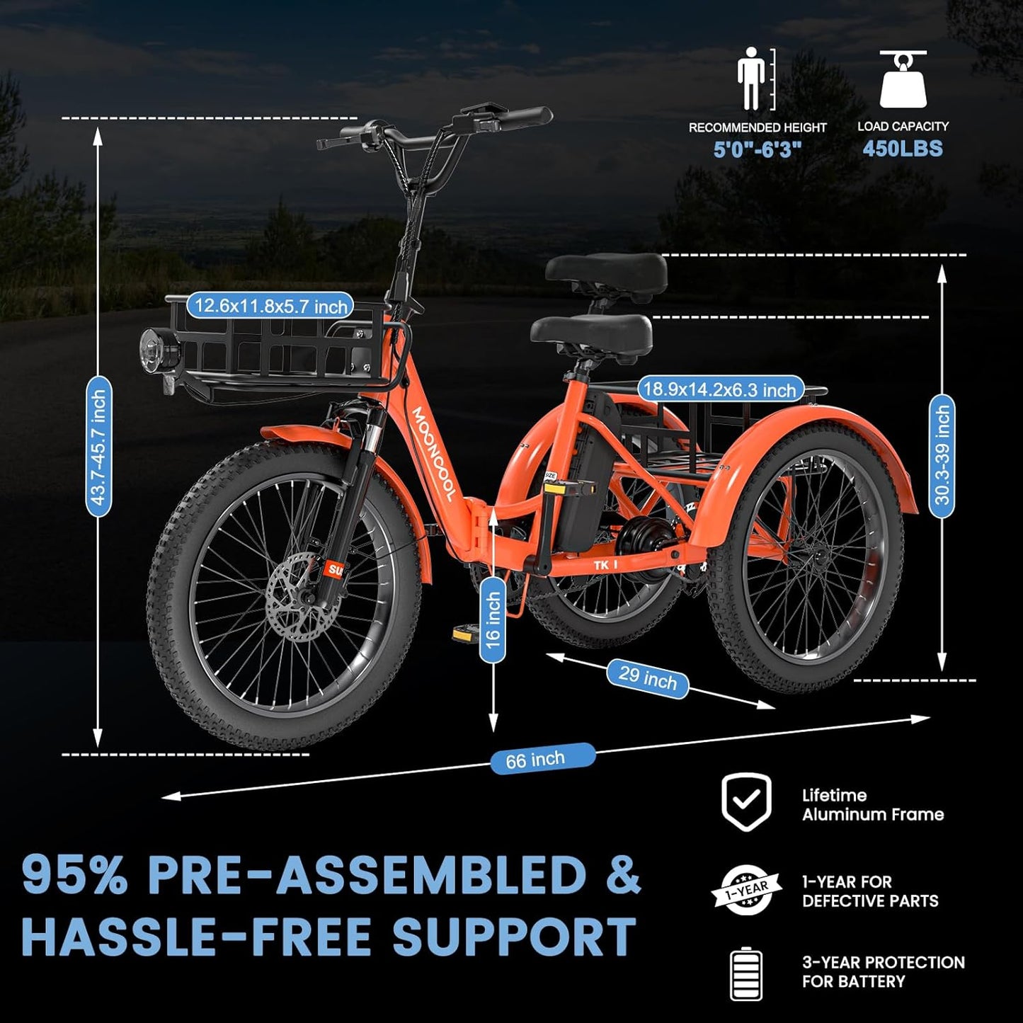 MOONCOOL Electric Tricycle for Adults, 500W/750W 48V 20" Folding Electric Trike Peak Power 1100W, 3 Wheels Electric Bicycle, Aluminum Frame Electric Tricycle with Large Basket and Removable Battery