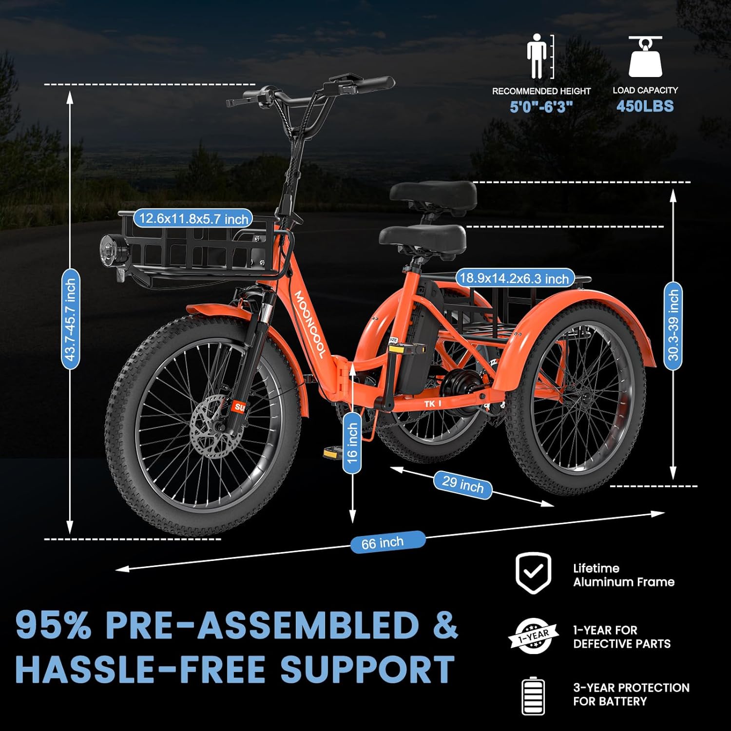 MOONCOOL Electric Tricycle for Adults, 500W/750W 48V 20" Folding Electric Trike Peak Power 1100W, 3 Wheels Electric Bicycle, Aluminum Frame Electric Tricycle with Large Basket and Removable Battery