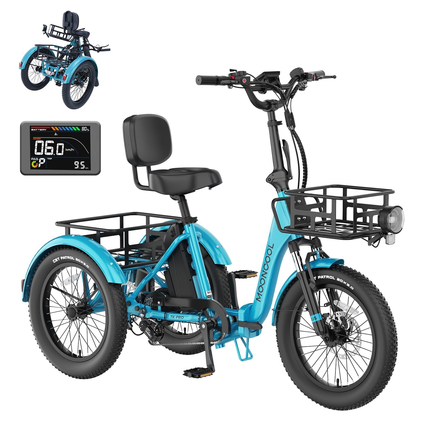 MOONCOOL Electric Trike, Electric Tricycle for Adults, 20" Folding 3 Wheels Electric Bicycle Bikes, 48V 500W/750W Motorized Ebike, Aluminum Frame, Removable Battery Basket