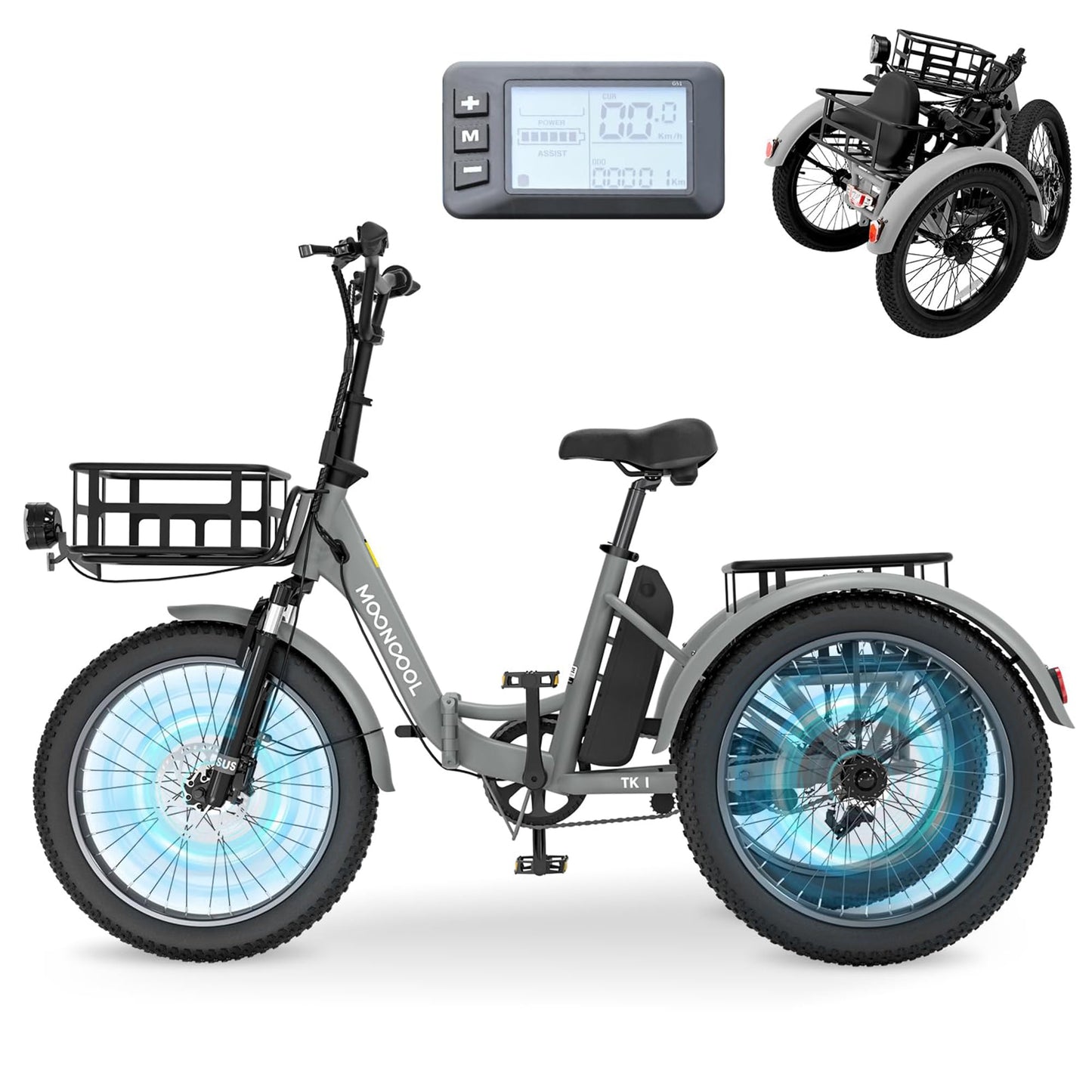 MOONCOOL Electric Trike, Electric Tricycle for Adults, 20" Folding 3 Wheels Electric Bicycle Bikes, 48V 500W/750W Motorized Ebike, Aluminum Frame, Removable Battery Basket