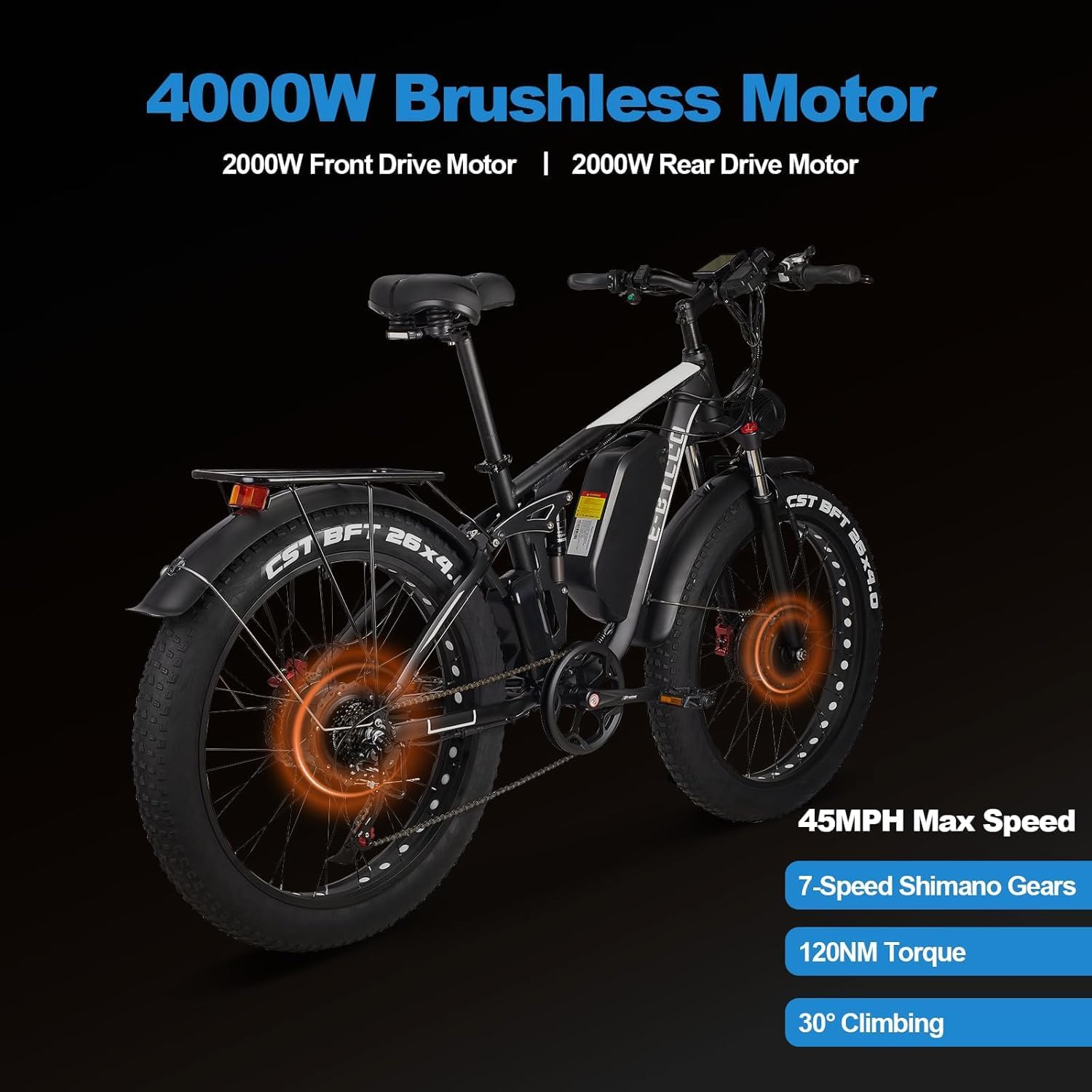 E·Bycco 26in Peak 5000W E-Bike, 52V 32AH Dual Motor Electric Bike 40-45MPH Fast 4000W Ebike with 26"*4.0 Fat Tire Hydraulic Disc Brake Full Suspension Mountain Ebikes