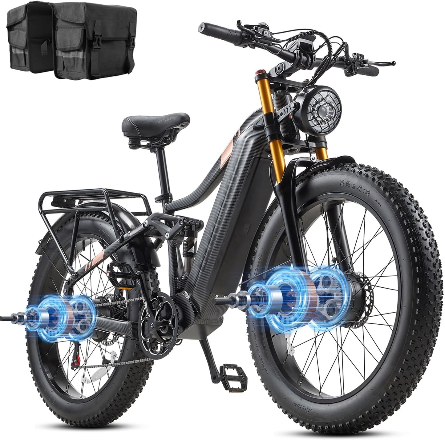 Dual Motor 2000W/1000W Electric Bike for Adults 48V 30AH/20Ah Long Range ebike Removable Battery 26" Fat Tire Off Road Mountain Full Suspension Electric Bicycle,Dual Hydraulich Brakes,32mph/30mph
