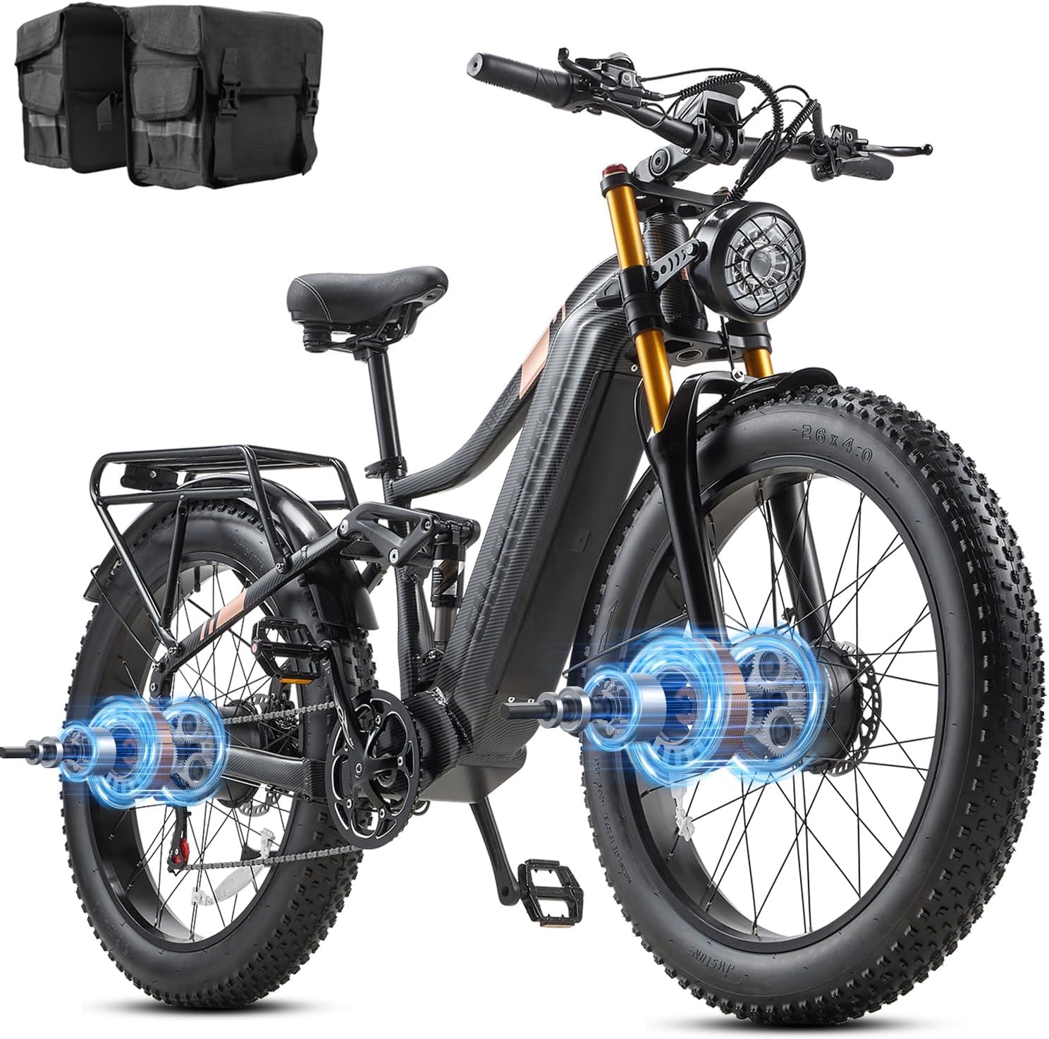 Dual Motor 2000W/1000W Electric Bike for Adults 48V 30AH/20Ah Long Range ebike Removable Battery 26" Fat Tire Off Road Mountain Full Suspension Electric Bicycle,Dual Hydraulich Brakes,32mph/30mph