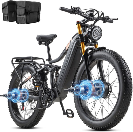 Dual Motor 2000W/1000W Electric Bike for Adults 48V 30AH/20Ah Long Range ebike Removable Battery 26" Fat Tire Off Road Mountain Full Suspension Electric Bicycle,Dual Hydraulich Brakes,32mph/30mph