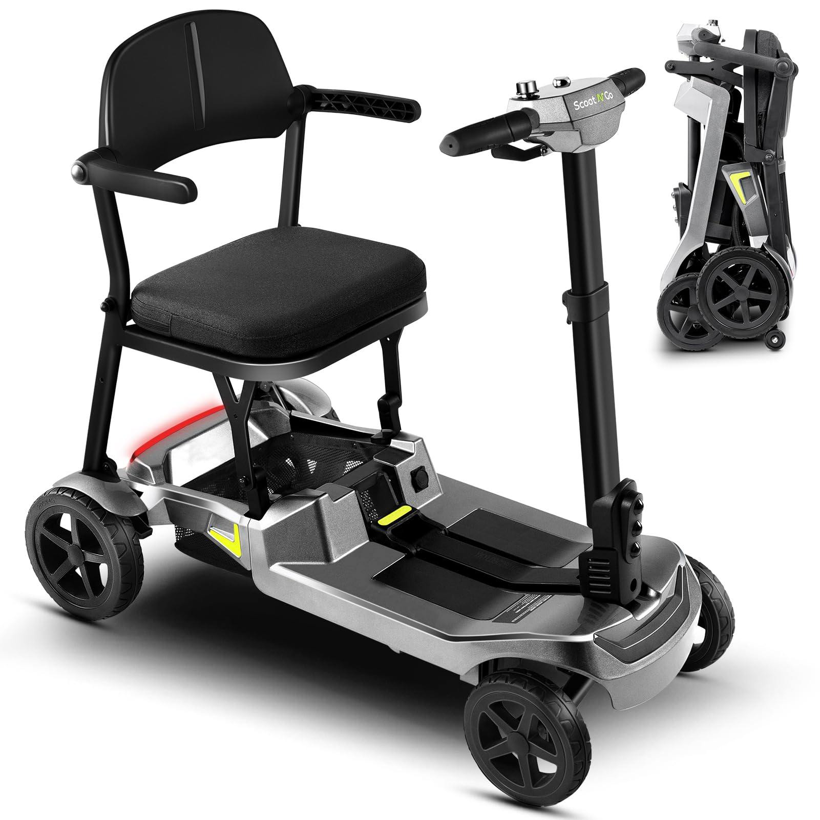 4 Wheel Mobility Scooter for Adults & Seniors Electric Powered Lightweight Foldable 5 MPH Speed 15 Miles Range Two Removable Batteries Airline Approved (Black Red, Standard)