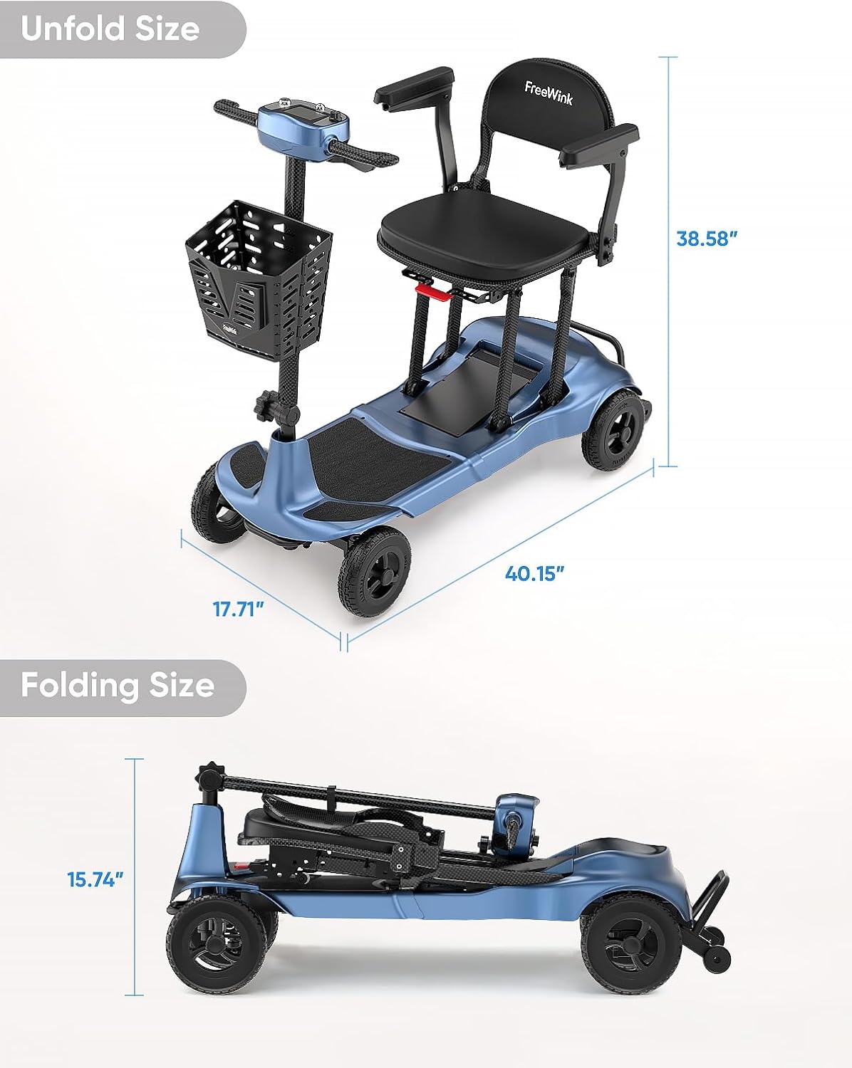Mobility Scooters for Adults & Seniors - Ultra Lightweight 27.5 lbs Carbon Fiber Folding Electric Scooter - Airlines Approved All-Terrain Portable Scooter with Basket and Charger Included-Blue