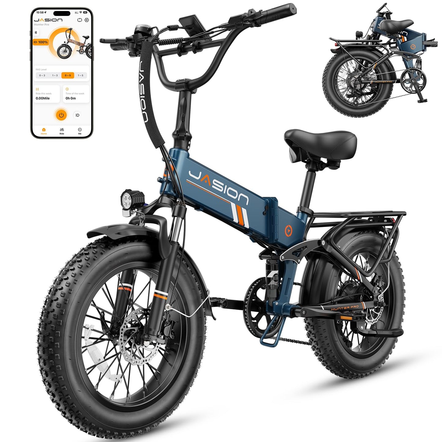 Jasion Hunter Pro Electric Bike for Adults, 1800W Peak Motor 80 Miles, up to 30+MPH,720WH Removable Battery Foldable Ebike,App Control & Full Suspension,20''*4.0 Fat Tire,Dual Hydraulic Brakes Bicycle