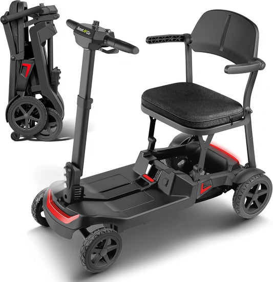 Mobility Scooters for Seniors & Adults, 4 Wheel Lightweight Foldable Mobility Scooter with Dual Removable Batteries, Electric Powered Airline Approved Travel, Long Range, 5 MPH, Black Red