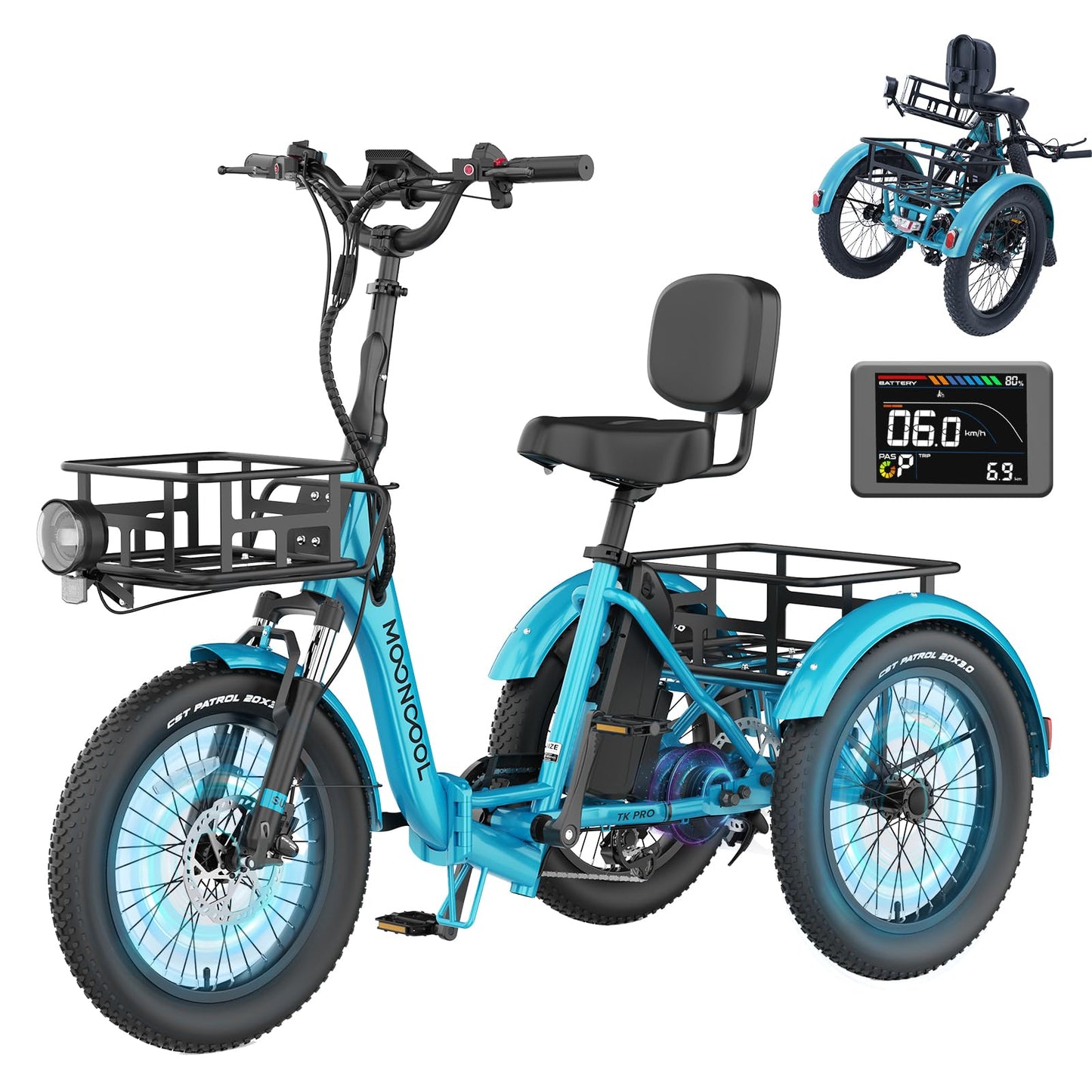 MOONCOOL Electric Tricycle for Adults, 500W/750W 48V 20" Folding Electric Trike Peak Power 1100W, 3 Wheels Electric Bicycle, Aluminum Frame Electric Tricycle with Large Basket and Removable Battery