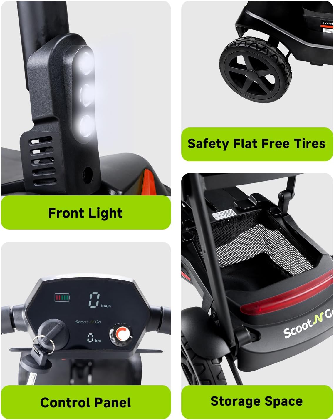 4 Wheel Mobility Scooter for Adults & Seniors Electric Powered Lightweight Foldable 5 MPH Speed 15 Miles Range Two Removable Batteries Airline Approved (Black Red, Standard)