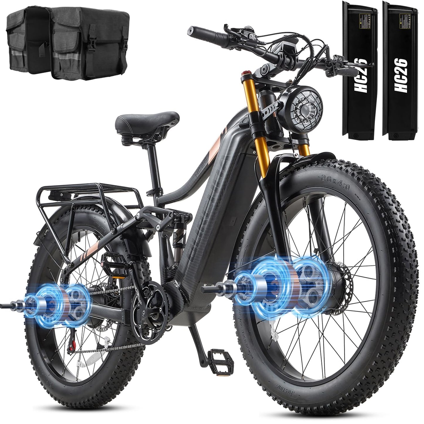 Dual Motor 2000W/1000W Electric Bike for Adults 48V 30AH/20Ah Long Range ebike Removable Battery 26" Fat Tire Off Road Mountain Full Suspension Electric Bicycle,Dual Hydraulich Brakes,32mph/30mph