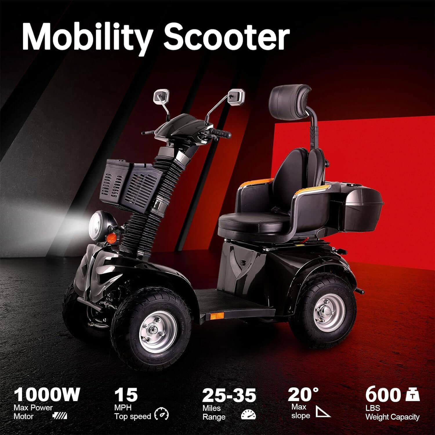 Mobility Scooters for Seniors & Adults 600lbs Capacity, Heavy Duty 4-Wheel 3-Speed Electric Powered Wheelchair Device 1000W All Terrain, Elderly-Lockbox Adjustable Seat (DJD Black 1000W)