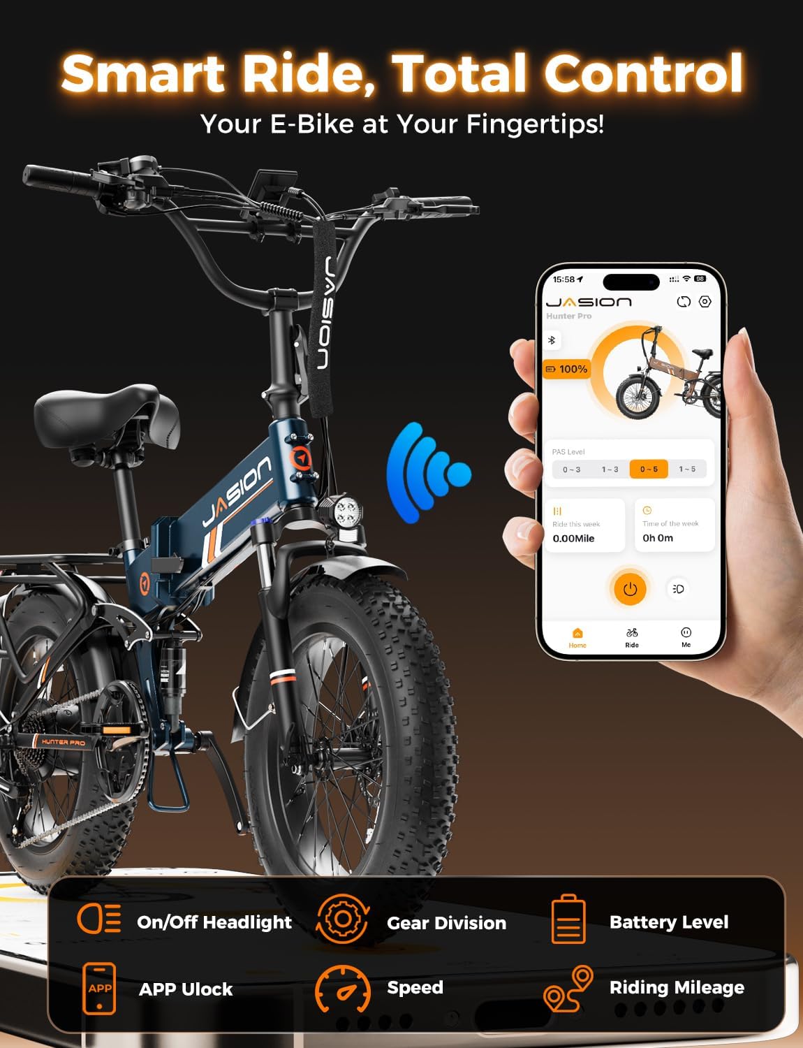Jasion Hunter Pro Electric Bike for Adults, 1800W Peak Motor 80 Miles, up to 30+MPH,720WH Removable Battery Foldable Ebike,App Control & Full Suspension,20''*4.0 Fat Tire,Dual Hydraulic Brakes Bicycle