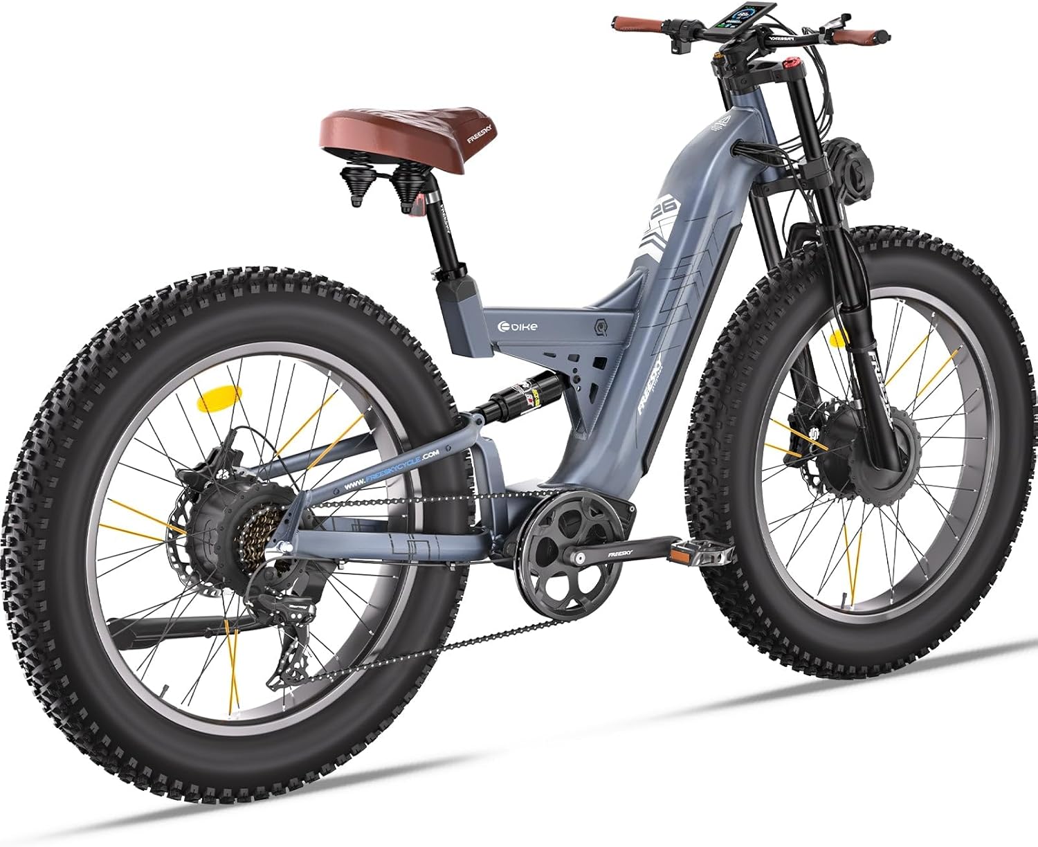 FREESKY Dual Motor Ebike 38+MPH 48V 30AH 2025 Upgraded AWD Peak 4000W Electric Mountain Bike for Adults 26" Fat Tire Long Range Full Suspension Off-Road with Dual Hydraulic Disc Brake Warrior PRO