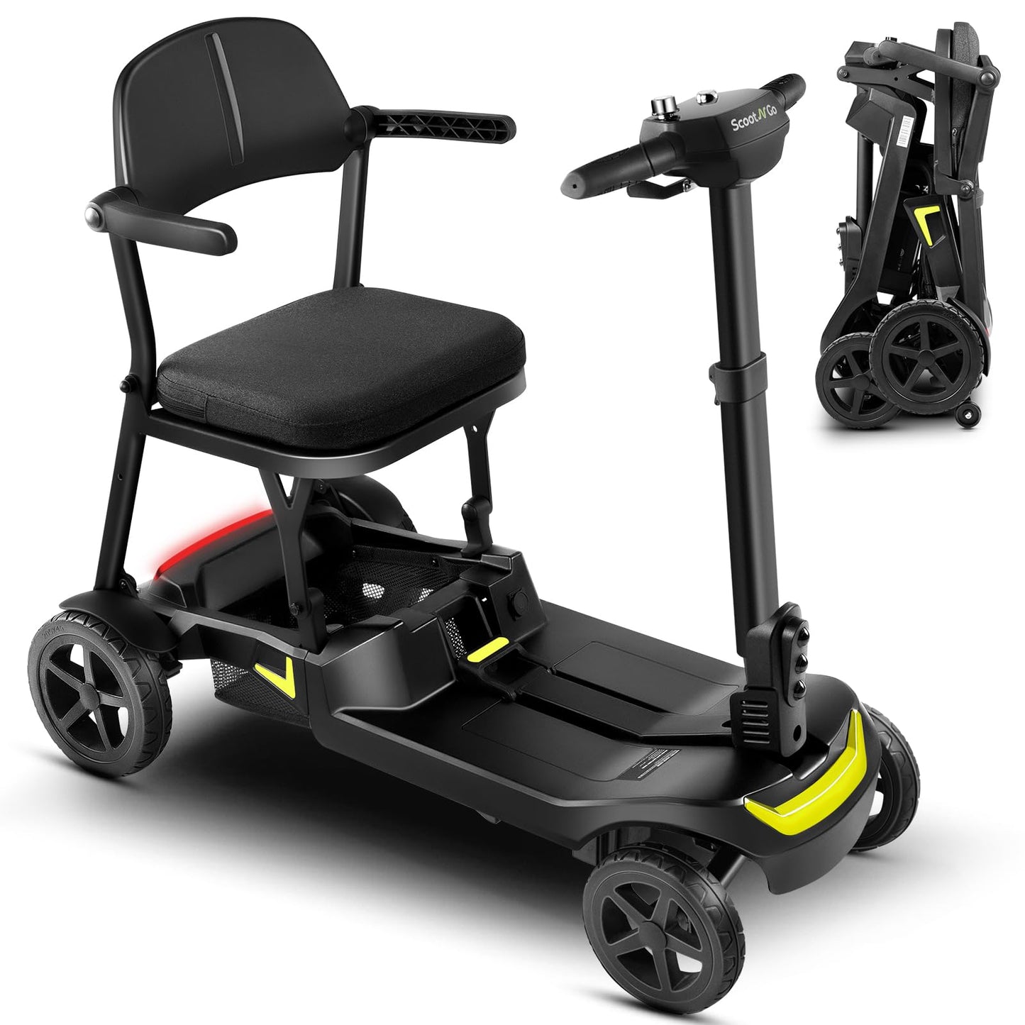 4 Wheel Mobility Scooter for Adults & Seniors Electric Powered Lightweight Foldable 5 MPH Speed 15 Miles Range Two Removable Batteries Airline Approved (Black Red, Standard)