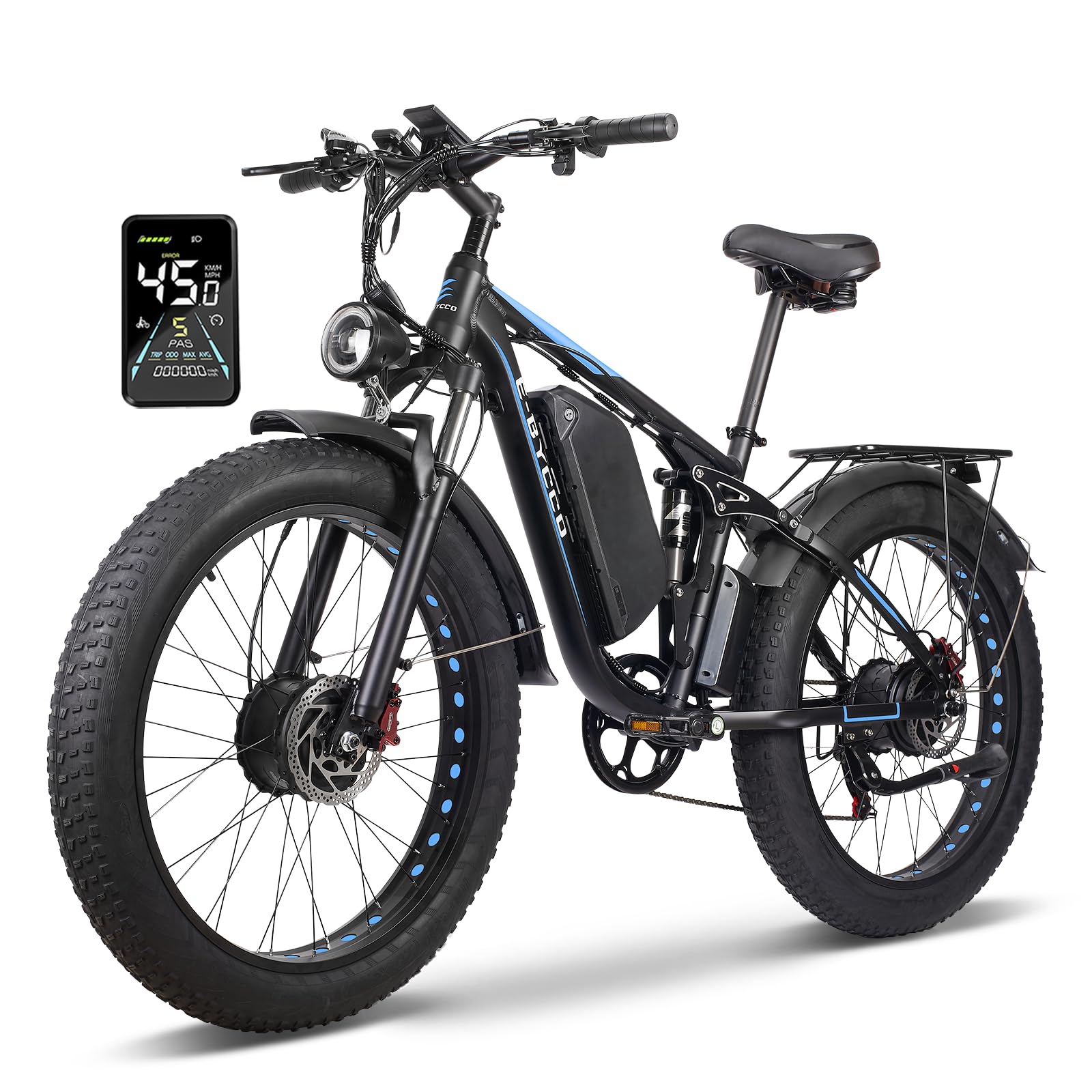 E·Bycco 26in Peak 5000W E-Bike, 52V 32AH Dual Motor Electric Bike 40-45MPH Fast 4000W Ebike with 26"*4.0 Fat Tire Hydraulic Disc Brake Full Suspension Mountain Ebikes