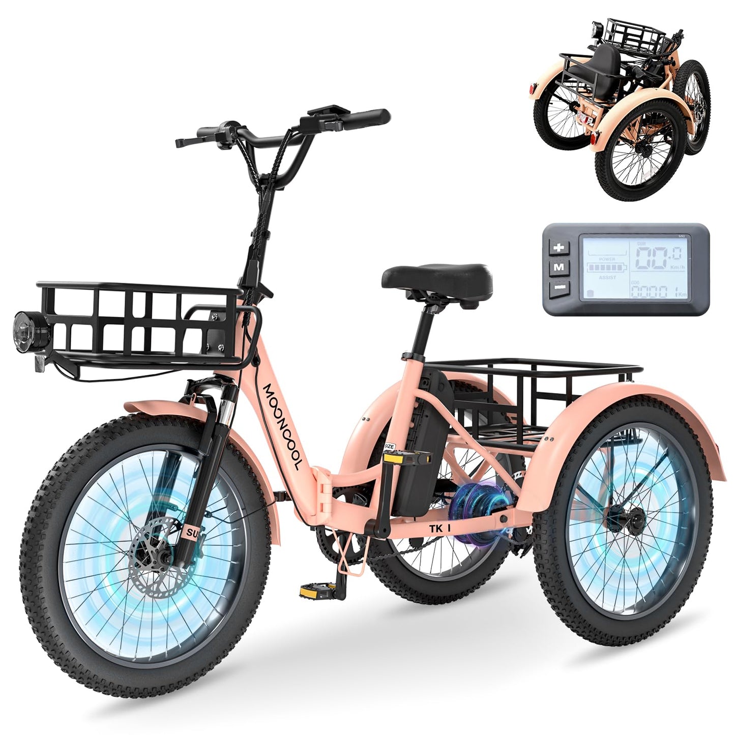 MOONCOOL Electric Tricycle for Adults, 500W/750W 48V 20" Folding Electric Trike Peak Power 1100W, 3 Wheels Electric Bicycle, Aluminum Frame Electric Tricycle with Large Basket and Removable Battery