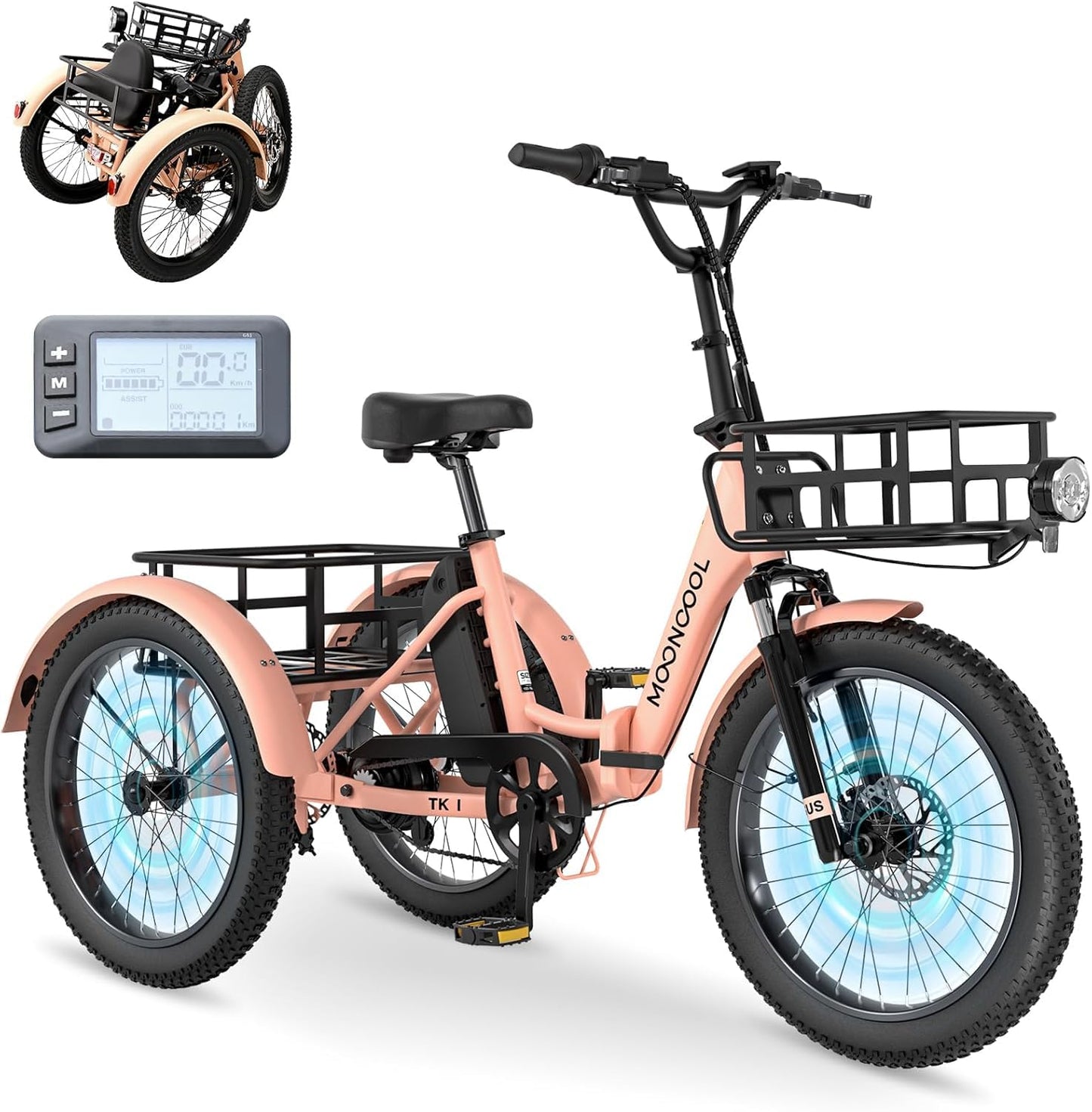 MOONCOOL Electric Trike, Electric Tricycle for Adults, 20" Folding 3 Wheels Electric Bicycle Bikes, 48V 500W/750W Motorized Ebike, Aluminum Frame, Removable Battery Basket