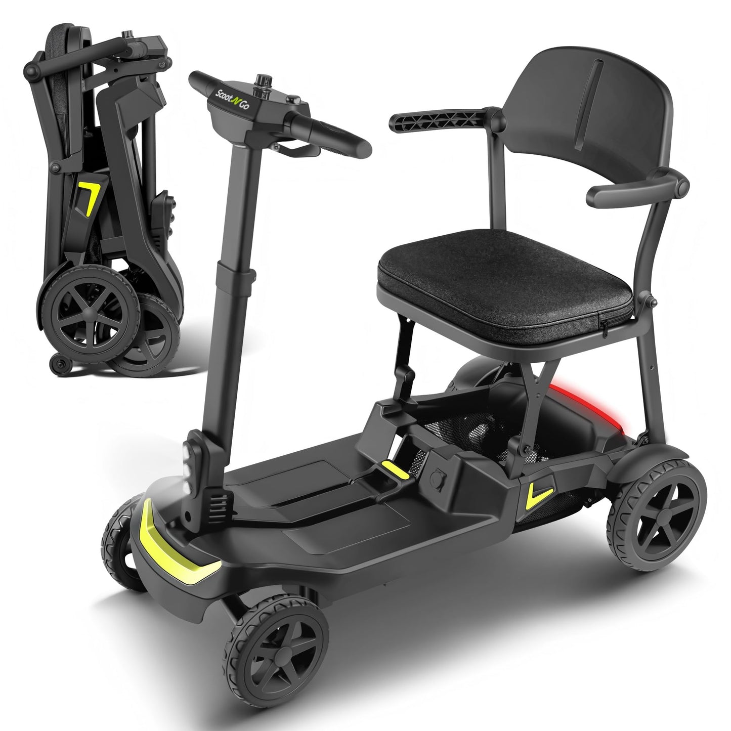 Mobility Scooters for Seniors & Adults, 4 Wheel Lightweight Foldable Mobility Scooter with Dual Removable Batteries, Electric Powered Airline Approved Travel, Long Range, 5 MPH, Black Red