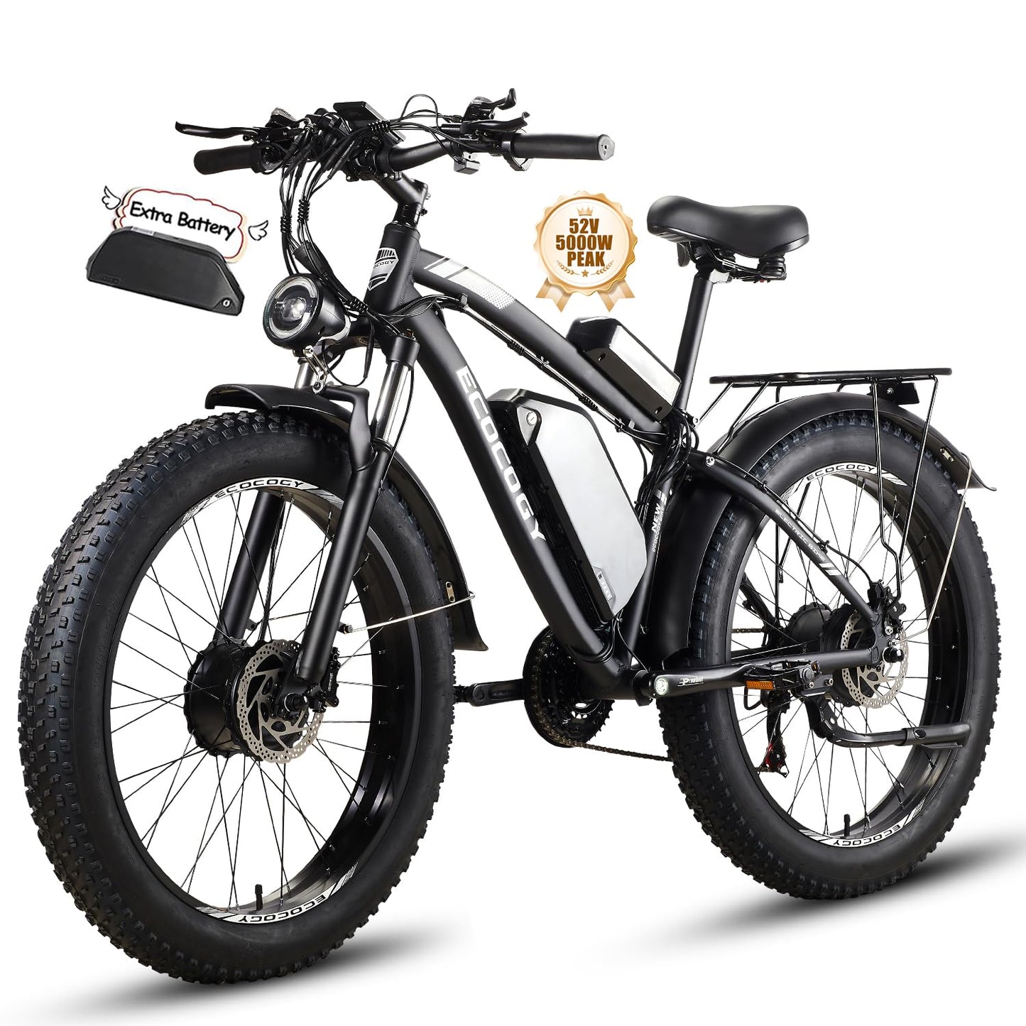 Dual Motor Electric Bikes for Adults, 5000W Peak Ebikes, 52V 32Ah, Max 40-45MPH &100 Miles E-Bike, Hydraulic Disc Brake , 26" Fat Tire Off Road Snow Mountain E-bikes, 7-Speed Pedal Assist Bicycle