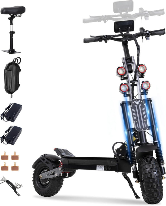 Electric Scooter Adult 7000W Brushless Motor Up to 55 MPH, 60V 33Ah Li-Ion Battery Range 65+ Miles, 13 "All Terrain Tires, Full Suspension EScooter Adjustable Handlebar Height, E-Scooter with Seat