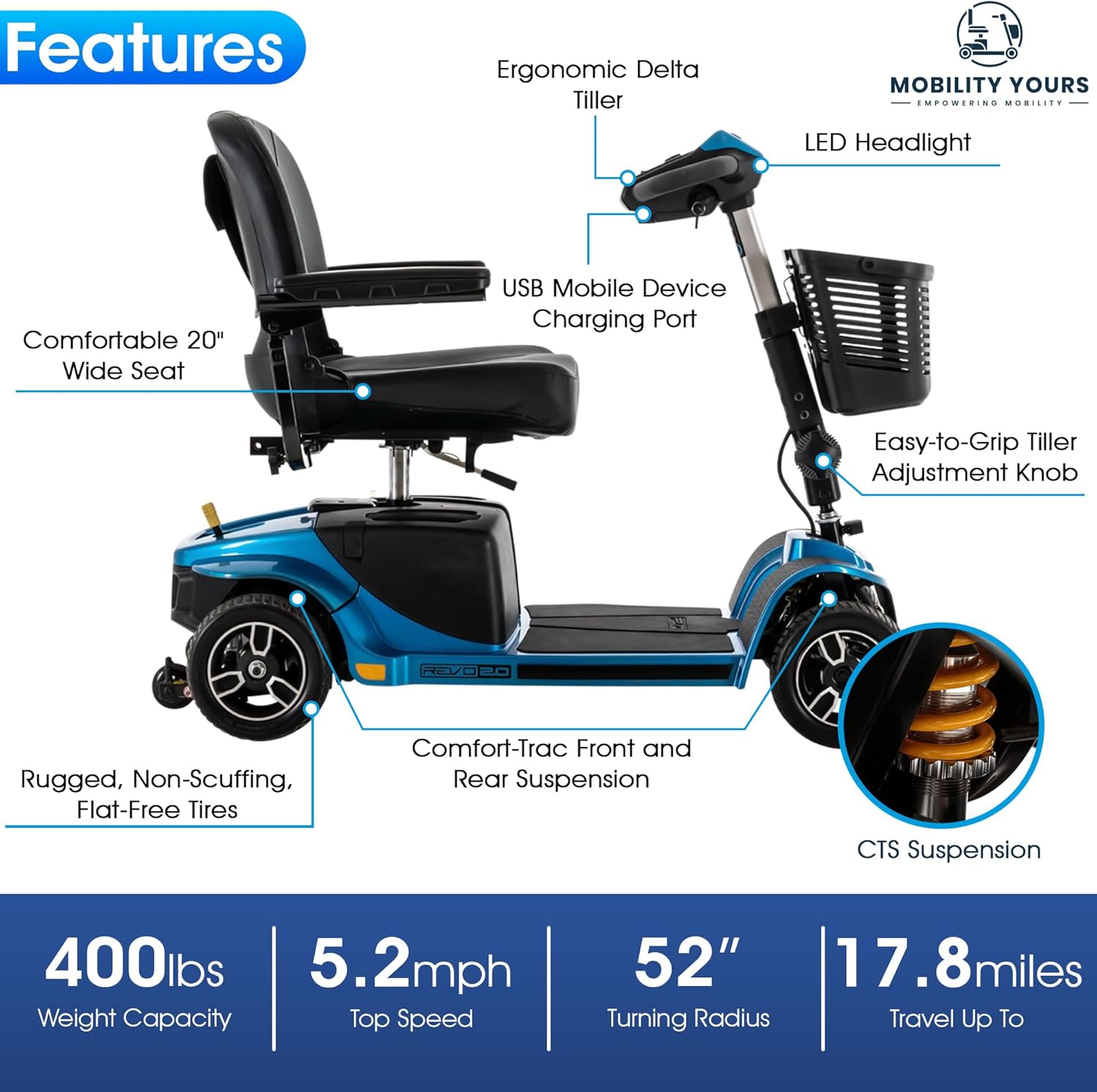 Storage Pod + Pride Moobility Revo 2.0, Heavy Duty 4 Wheel Mobility Scooter for Adults, 400 lb Capacity, 20" Wide Seat, LED, 17.8 Miles Per Charge, CTS Suspension, Service Warranty