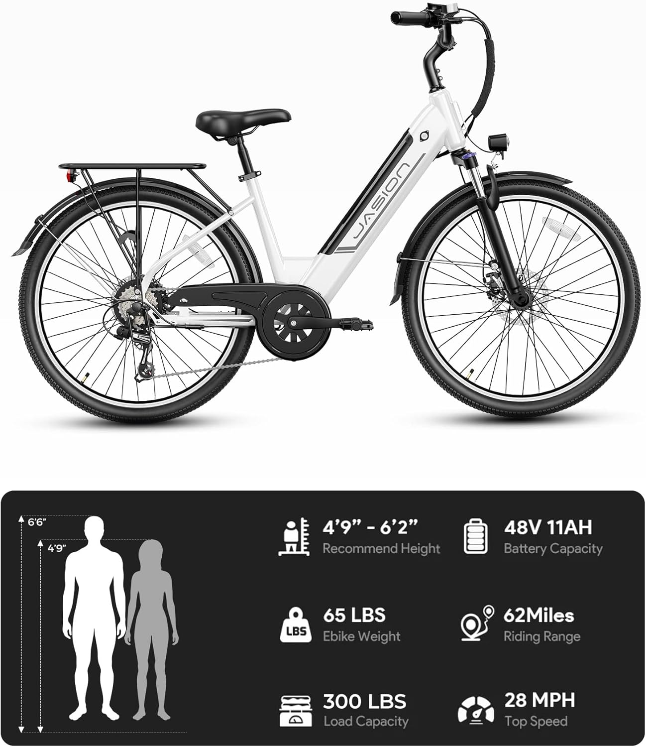 Jasion Roamer ST Electric Bike for Adults, 1200W Peak Motor Max 62miles & 28MPH City Cruiser Ebike,26'' Commuter Ebike, 528WH Removable Battery,7-Speed Electric Bicycles, Front Suspension Bicycles