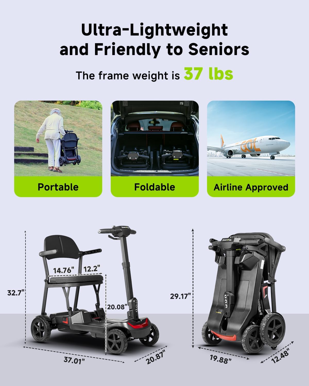 4 Wheel Mobility Scooter for Adults & Seniors Electric Powered Lightweight Foldable 5 MPH Speed 15 Miles Range Two Removable Batteries Airline Approved (Black Red, Standard)