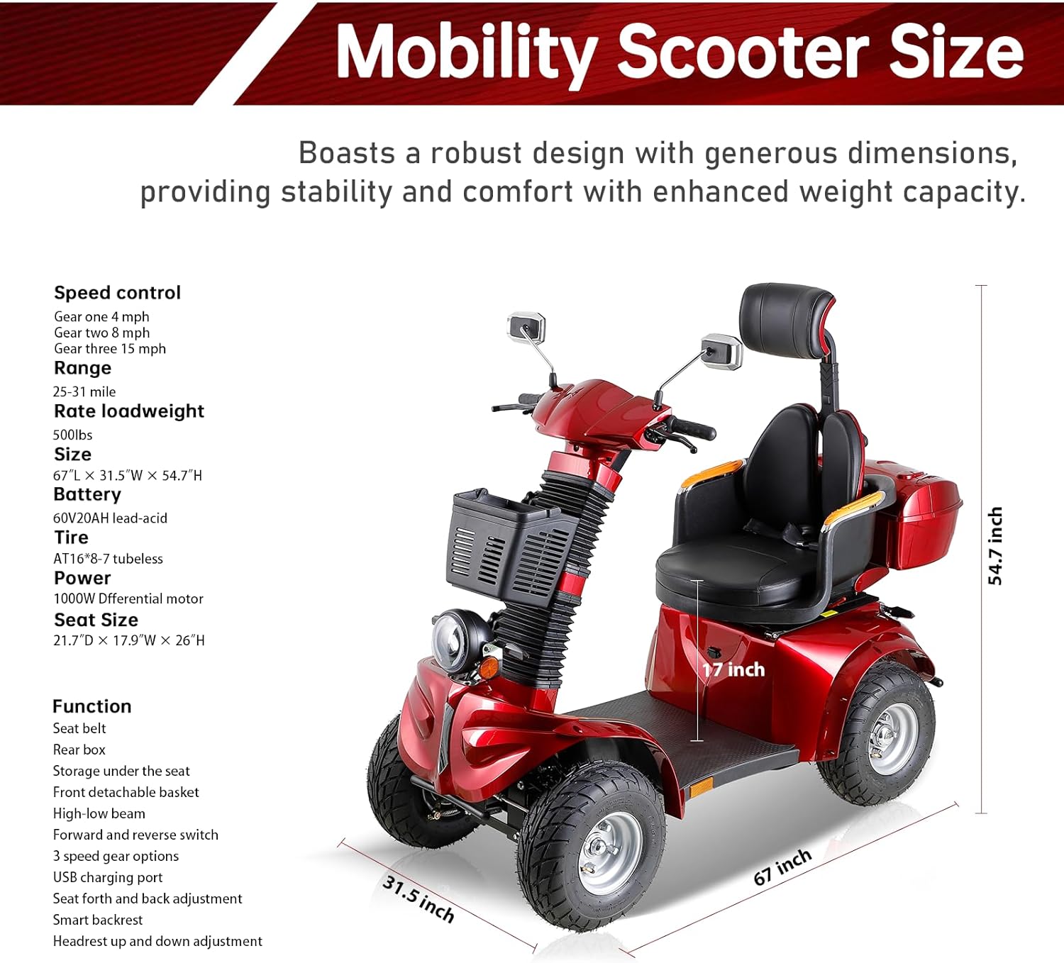 Heavy Duty Mobility Scooters for Seniors & Adults 500lbs Capacity - Electric Powered Motorized Scooter - 1000W All Terrain Recreational Mobility Scooter for Travel Red