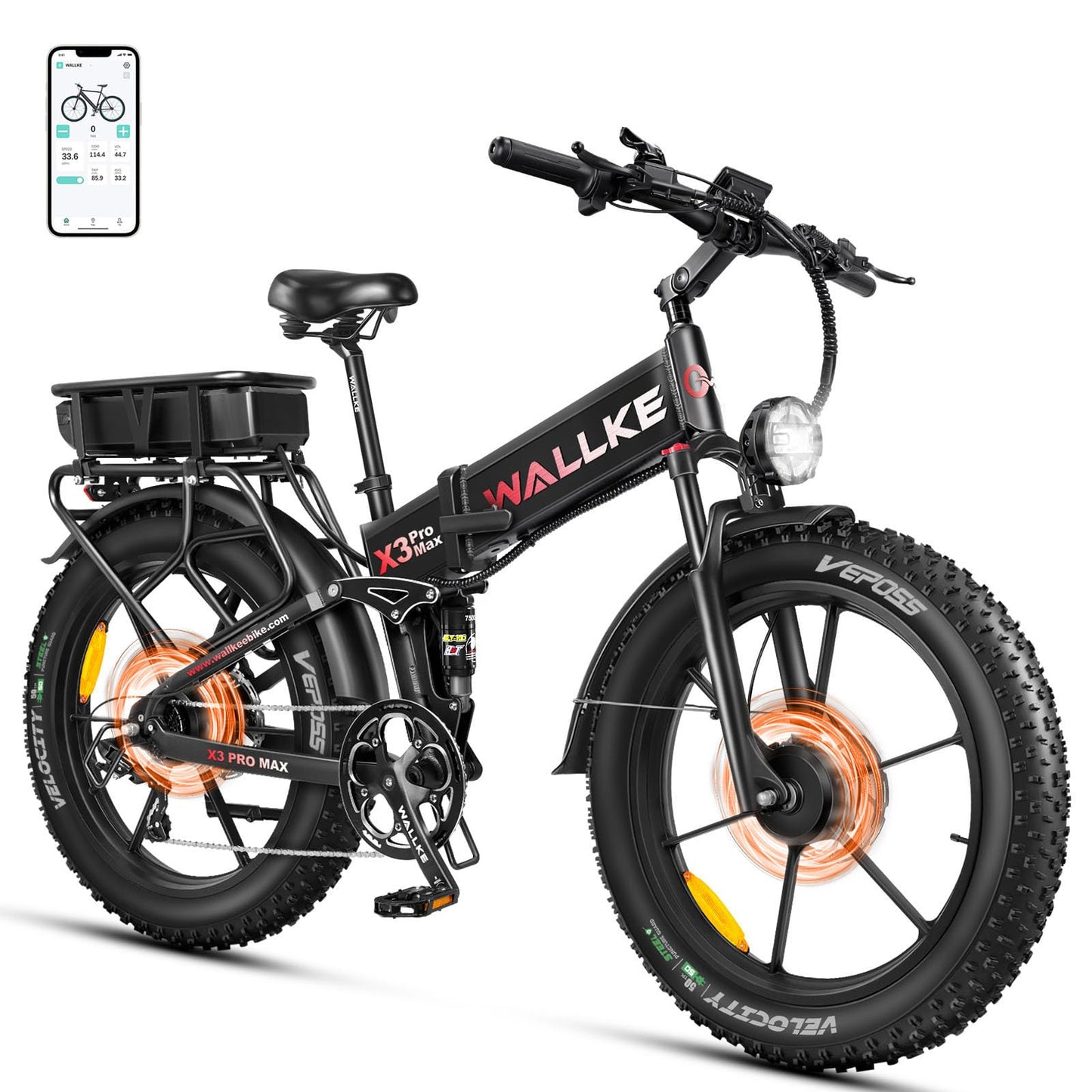 W Wallke Dual Motor 2800W Folding Mountain Electric Bike, 48V 44Ah/22Ah Battery Long Range E-Bike, 26" x 4" Fat Tire 31-35MPH Fast Adult Ebike, Full Suspension All Terrain Off Road Snow Beach, UL2849