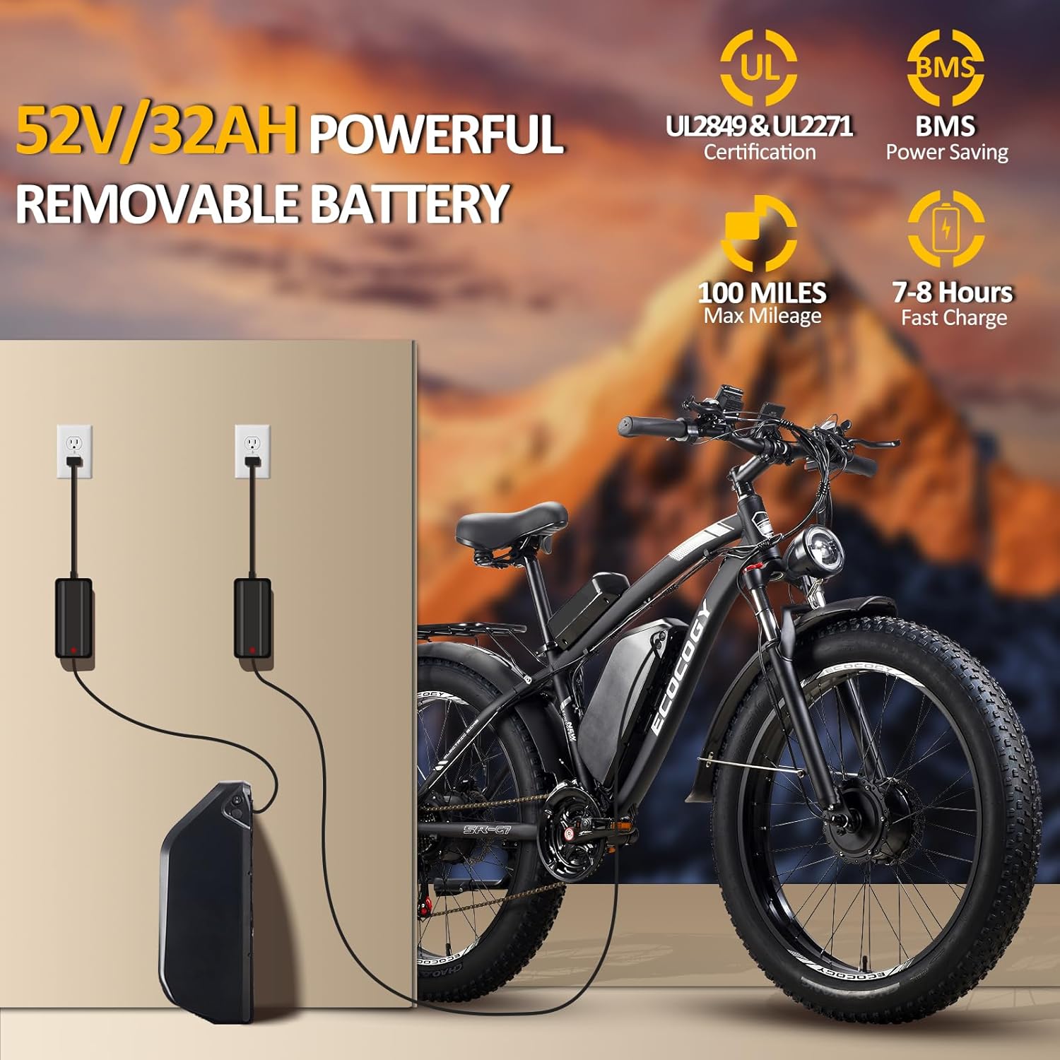 Dual Motor Electric Bikes for Adults, 5000W Peak Ebikes, 52V 32Ah, Max 40-45MPH &100 Miles E-Bike, Hydraulic Disc Brake , 26" Fat Tire Off Road Snow Mountain E-bikes, 7-Speed Pedal Assist Bicycle