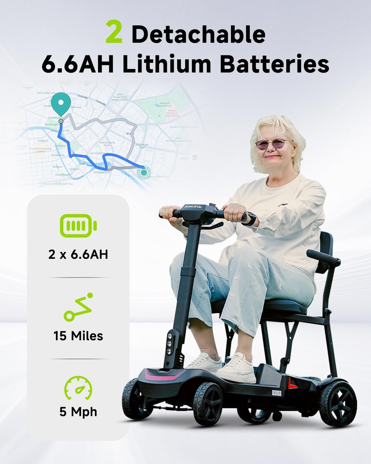 4 Wheel Mobility Scooter for Adults & Seniors Electric Powered Lightweight Foldable 5 MPH Speed 15 Miles Range Two Removable Batteries Airline Approved (Black Red, Standard)