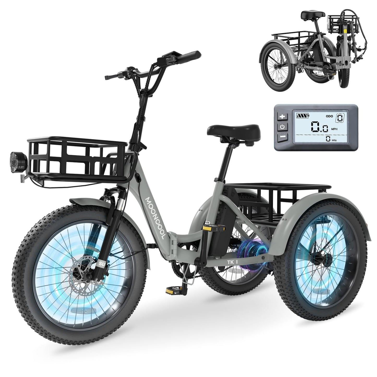 MOONCOOL Electric Tricycle for Adults, 500W/750W 48V 20" Folding Electric Trike Peak Power 1100W, 3 Wheels Electric Bicycle, Aluminum Frame Electric Tricycle with Large Basket and Removable Battery
