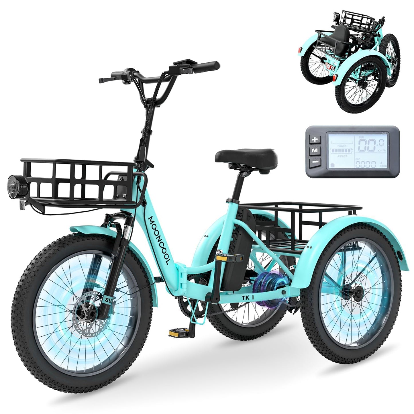 MOONCOOL Electric Tricycle for Adults, 500W/750W 48V 20" Folding Electric Trike Peak Power 1100W, 3 Wheels Electric Bicycle, Aluminum Frame Electric Tricycle with Large Basket and Removable Battery