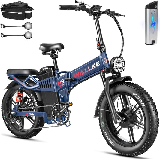 Wallke H9 AWD 3200W Dual Motor Electric Bike for Adult, 48V 82Ah/60Ah Sam-Sung Cell Battery Long Range Ebike, 31-34MPH Fast E-Bike, 20" Fat Tire Foldable Full Suspension Road/Mountain Hunting, UL2849