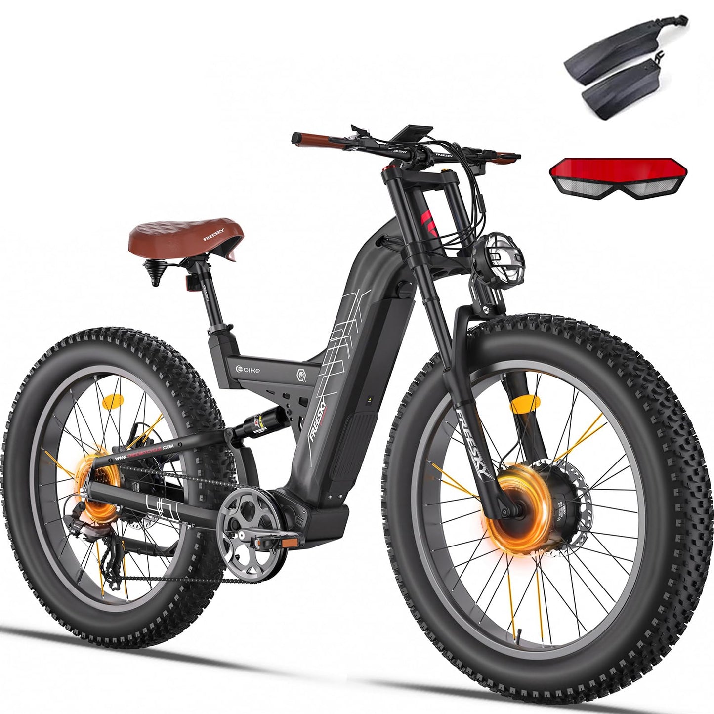 FREESKY Dual Motor Ebike 38+MPH 48V 30AH 2025 Upgraded AWD Peak 4000W Electric Mountain Bike for Adults 26" Fat Tire Long Range Full Suspension Off-Road with Dual Hydraulic Disc Brake Warrior PRO