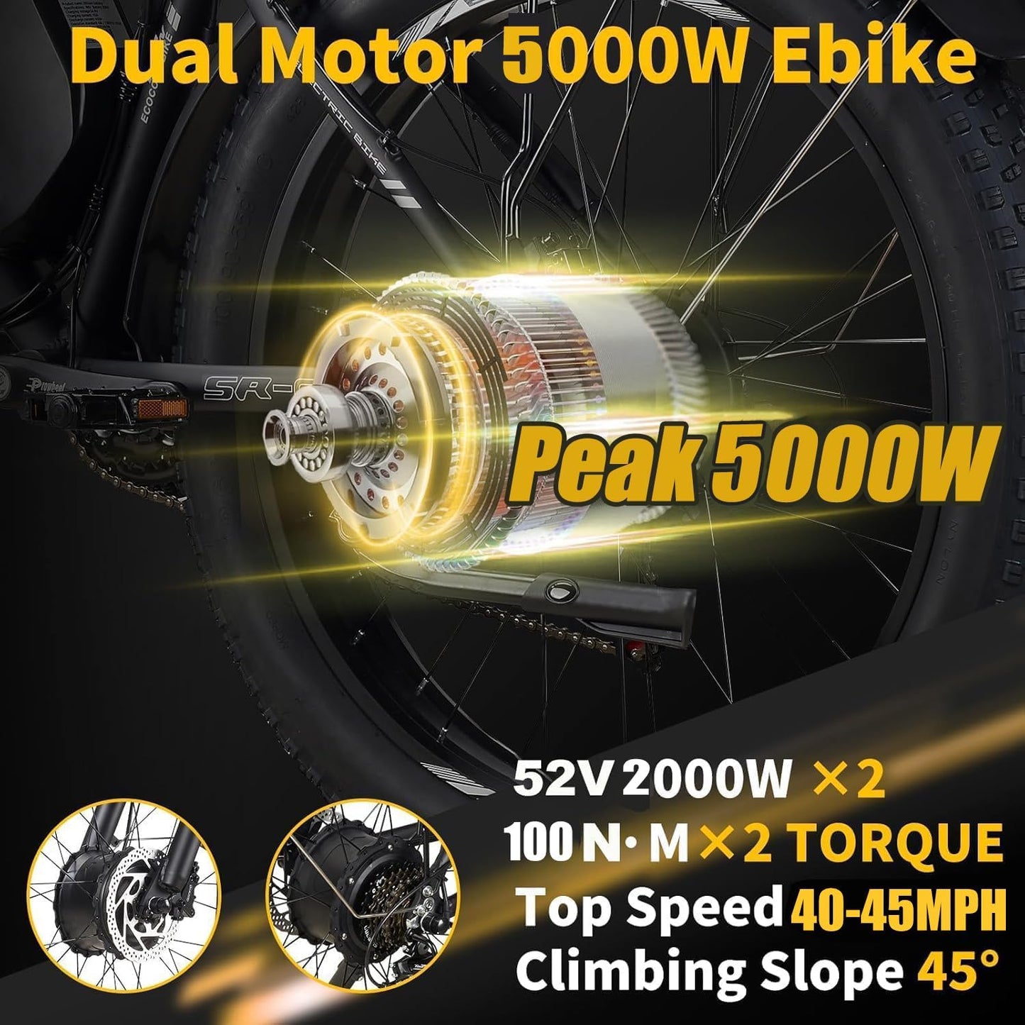 Dual Motor Electric Bikes for Adults, 5000W Peak Ebikes, 52V 32Ah, Max 40-45MPH &100 Miles E-Bike, Hydraulic Disc Brake , 26" Fat Tire Off Road Snow Mountain E-bikes, 7-Speed Pedal Assist Bicycle