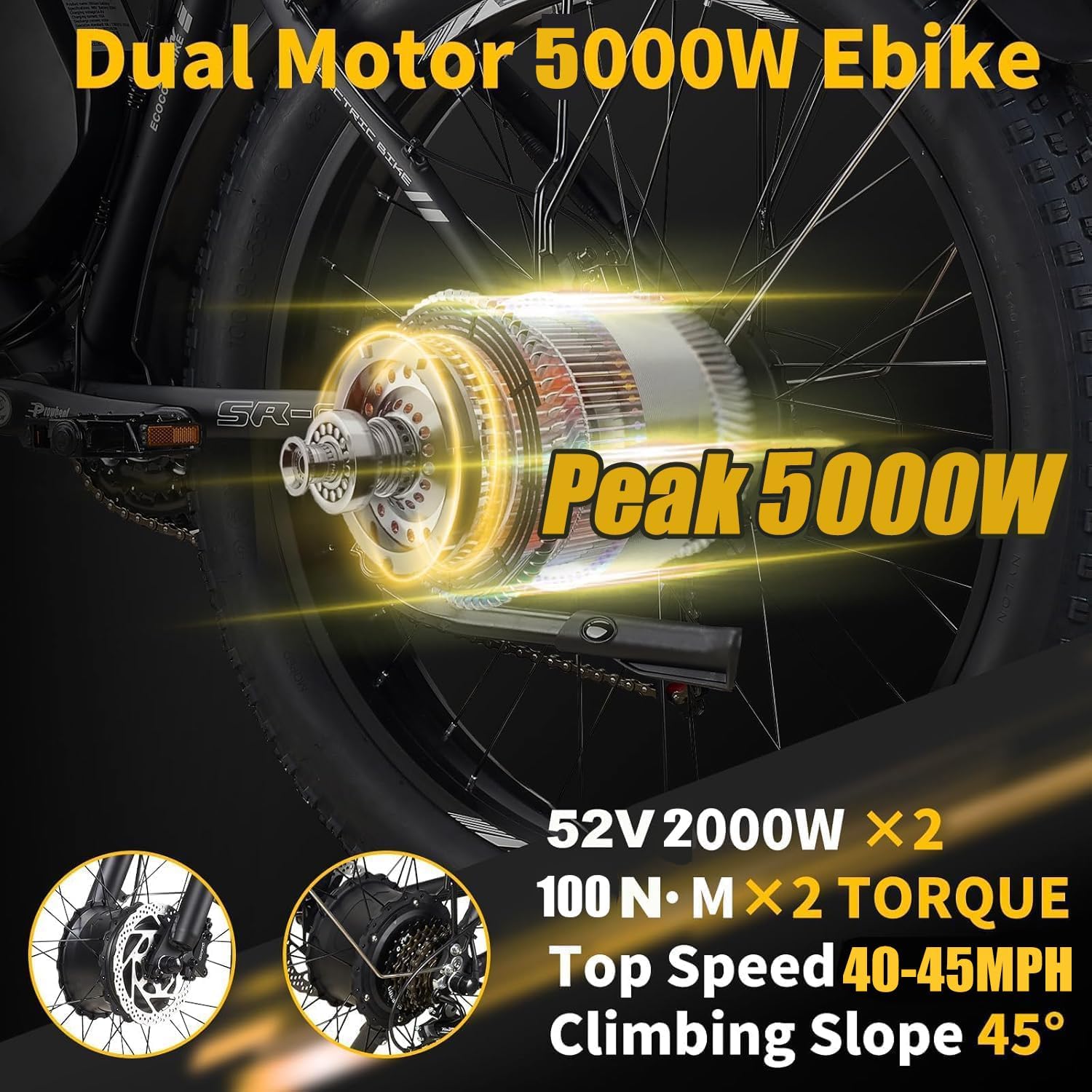Dual Motor Electric Bikes for Adults, 5000W Peak Ebikes, 52V 32Ah, Max 40-45MPH &100 Miles E-Bike, Hydraulic Disc Brake , 26" Fat Tire Off Road Snow Mountain E-bikes, 7-Speed Pedal Assist Bicycle