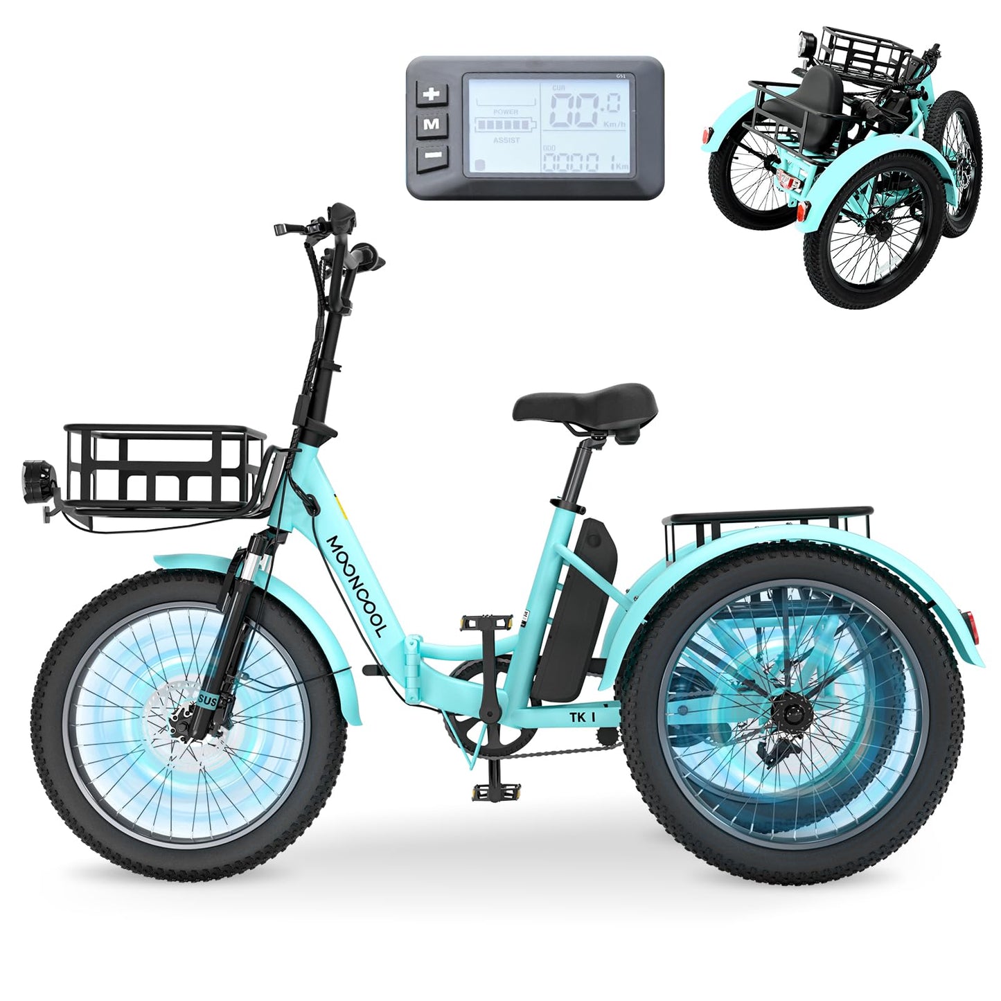 MOONCOOL Electric Trike, Electric Tricycle for Adults, 20" Folding 3 Wheels Electric Bicycle Bikes, 48V 500W/750W Motorized Ebike, Aluminum Frame, Removable Battery Basket